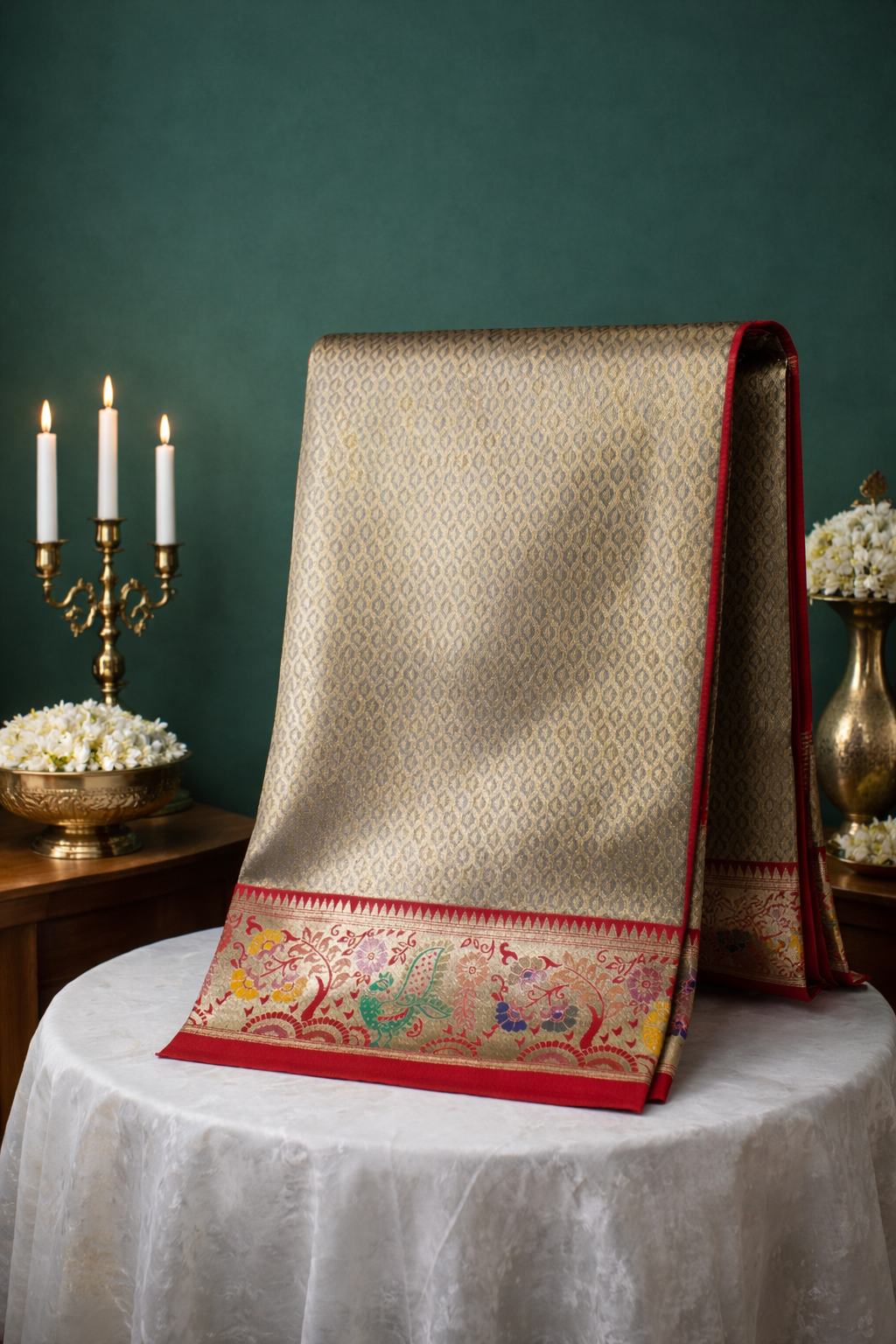 UTSAV BANARAS 353: Ivory Gold Brocade Tissue Silk Saree with Multicolor Peacock Meenakari Zari Border & Palla