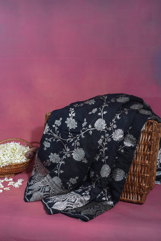 "VIRASAT 144" Black Pure Banarasi Silk Saree With Golden Zari Work
