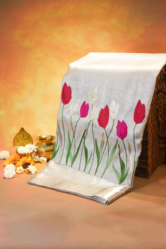 "Virasat 249" Banarasi Silver Pure Kanjivaram Silk Saree With Floral Handwoven Design