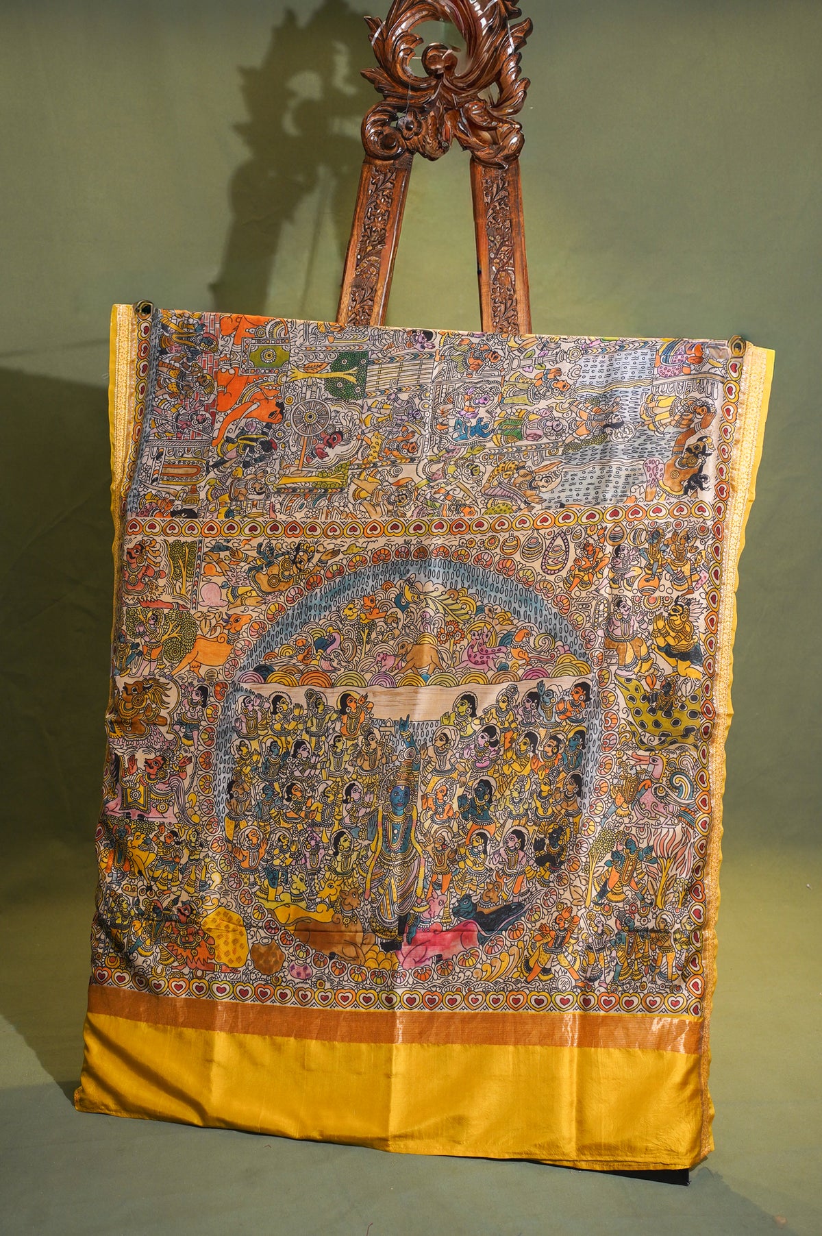 Founder Choice 028 Yellow Kalamkari Soft Silk Saree with Mythological Palla & Zari Border