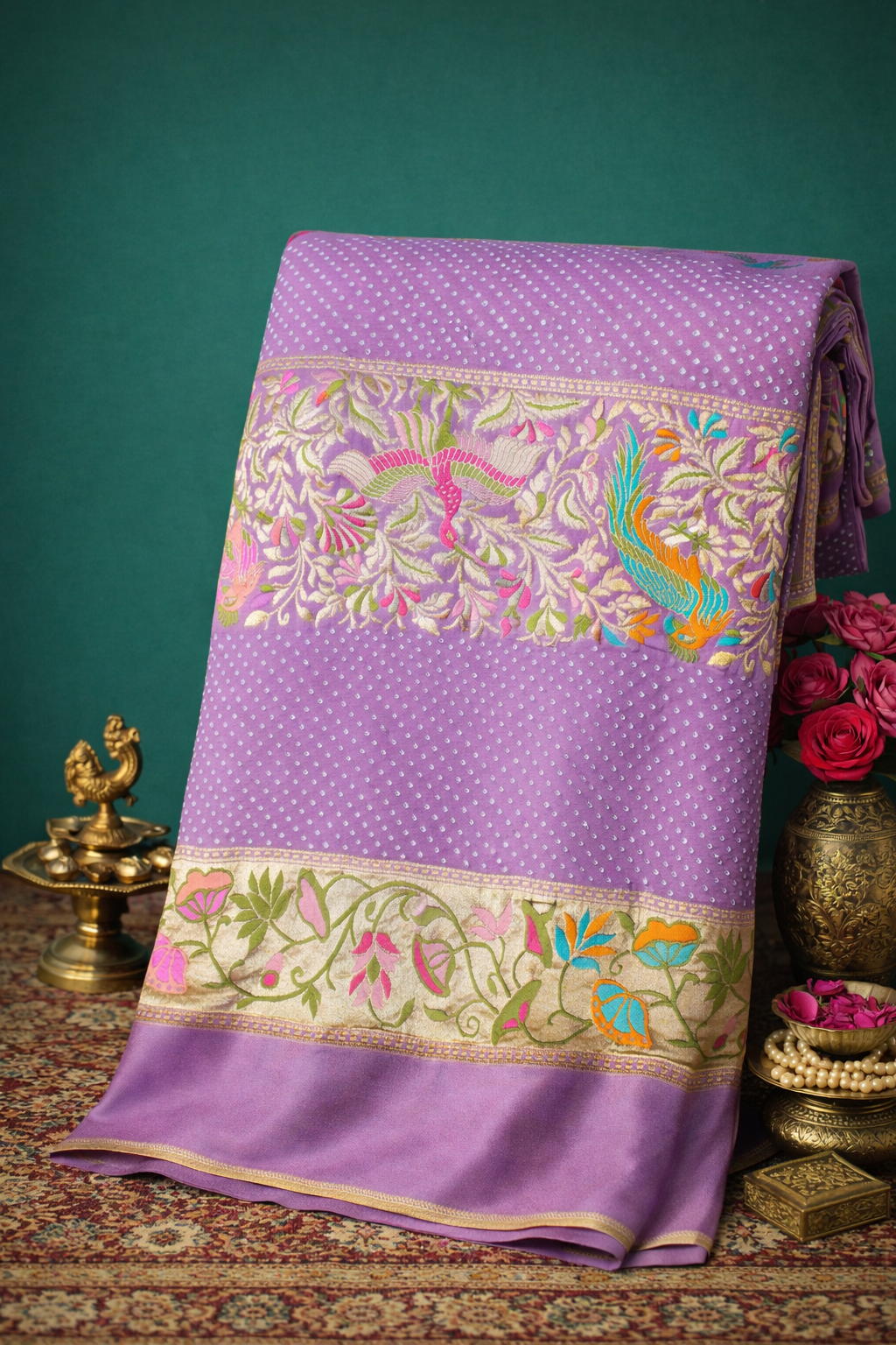 Founder Choice 038: Pure Bandhani Gajji Silk Lavender Saree with Meenakari Body & Bird Motif Border (Silk Certified)