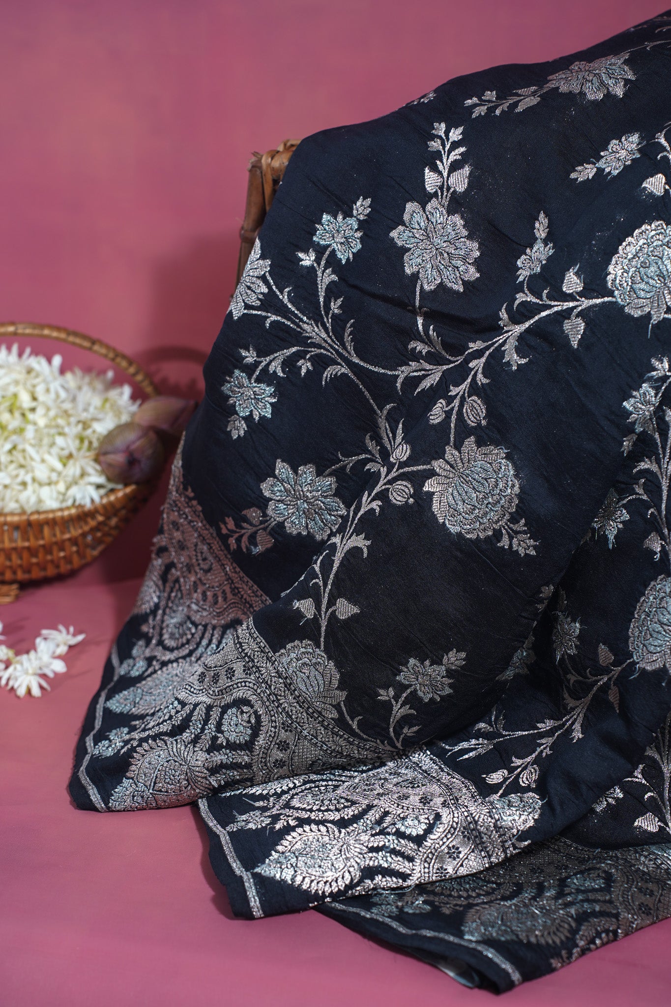 "VIRASAT 144" Black Pure Banarasi Silk Saree With Golden Zari Work