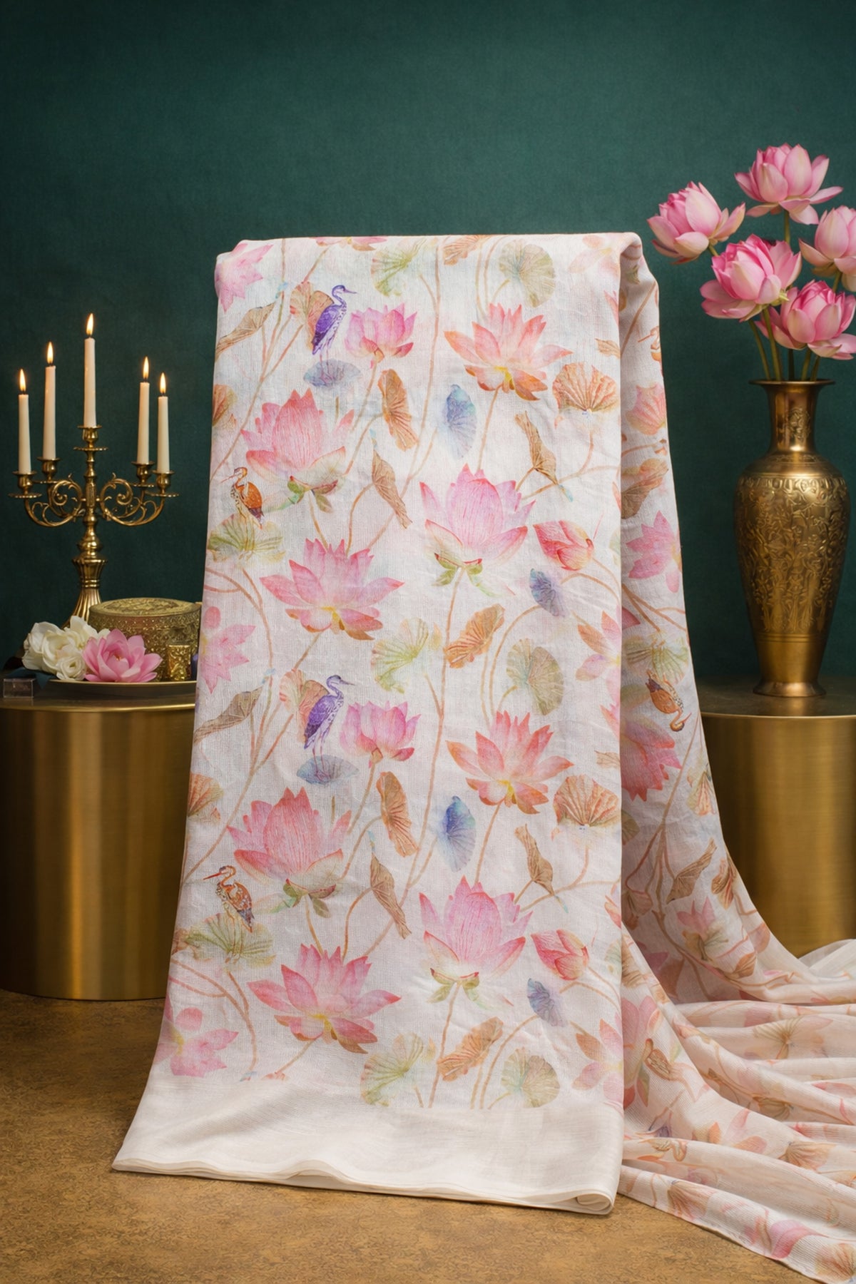 "Founder Choice 026"Banarasi Cream Nature Inspired Jutt Silk Saree With Lotus Floral Print
