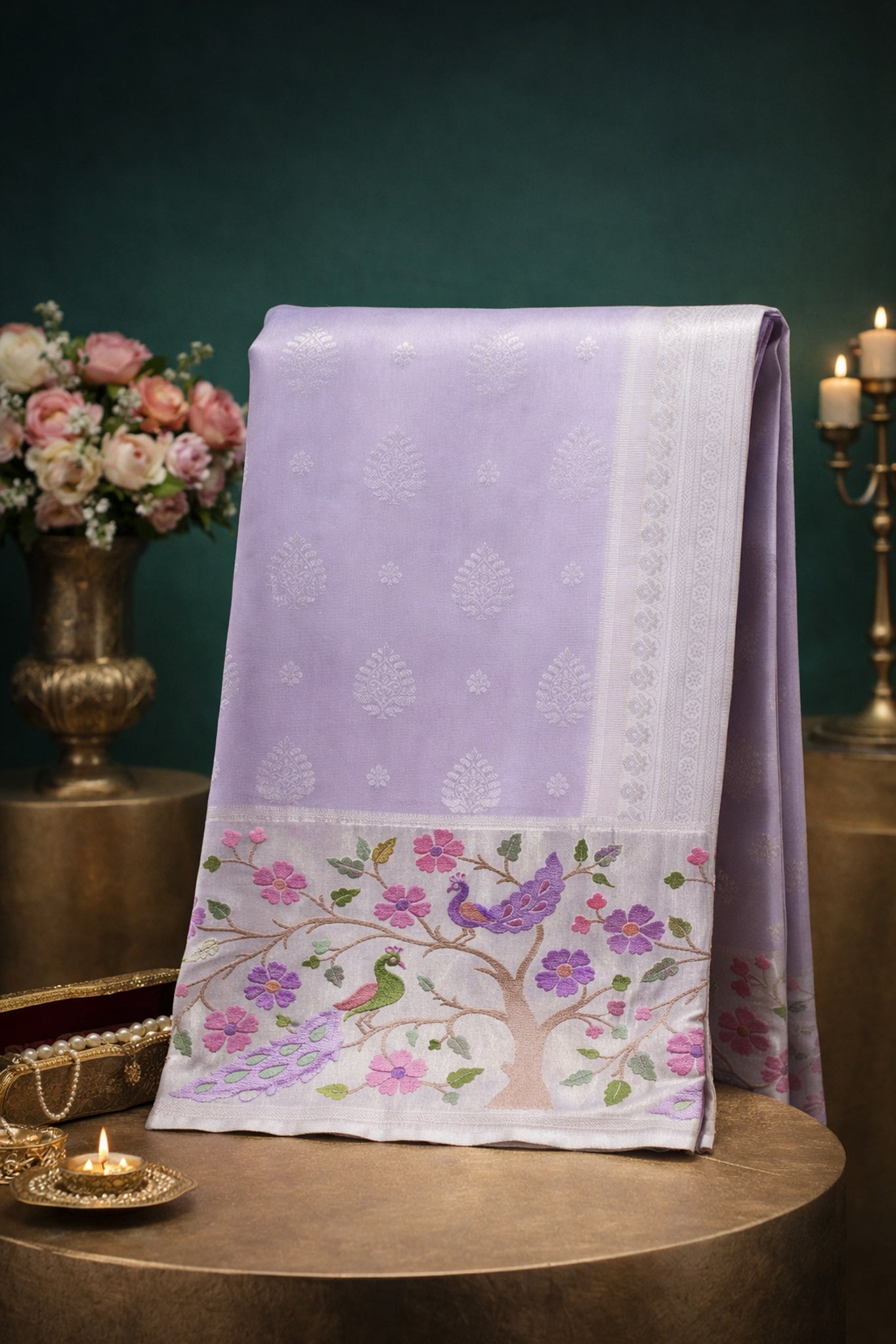 "Founder Choice 001" Banarasi Masterpiece Designer Pastel Pure Silk Saree with Tree of Life Motif