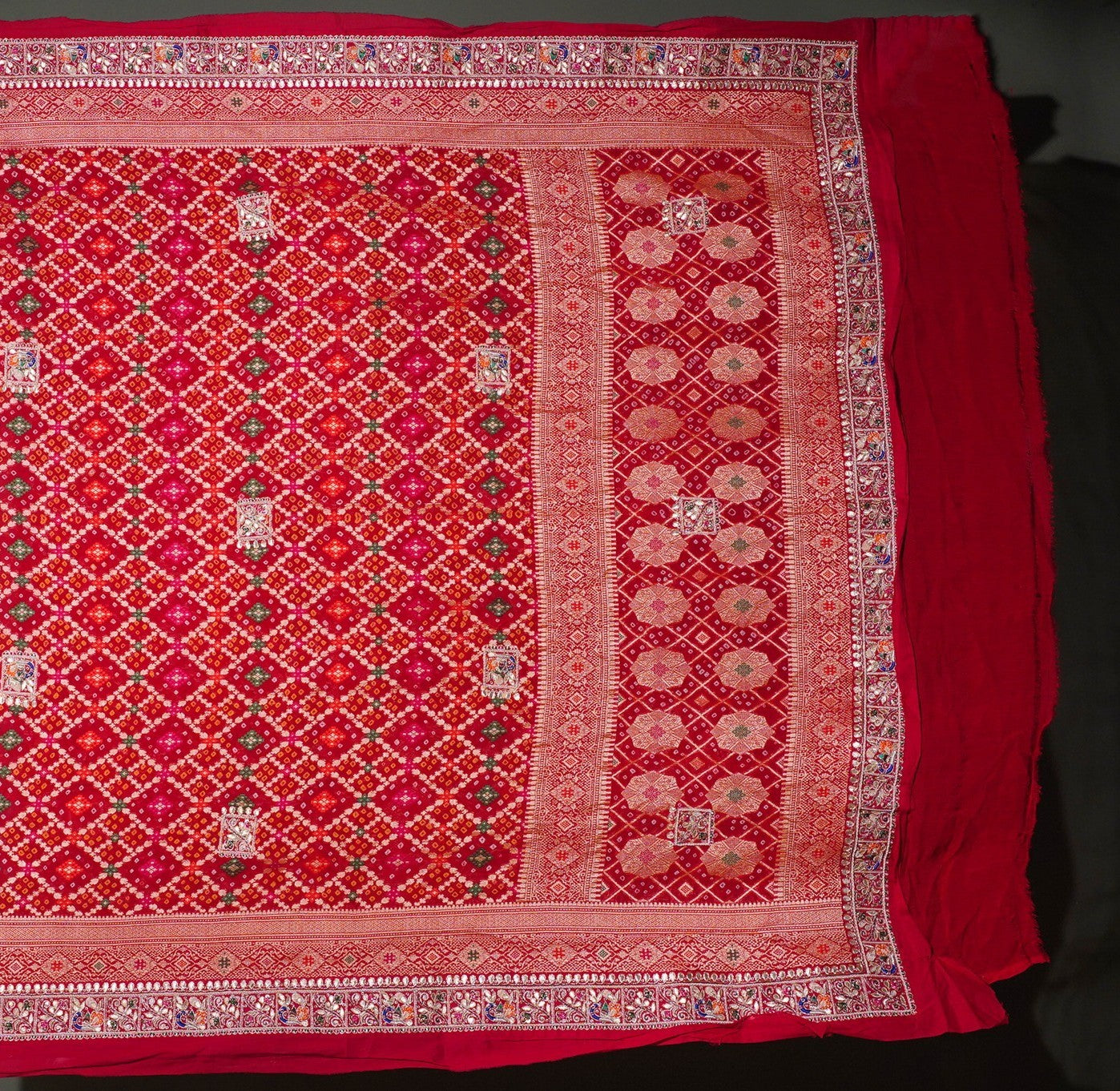 ODHANA 005: Vermilion Red Handcrafted Bandhani Pure Khaddi Georgette Odhana with Zari Border