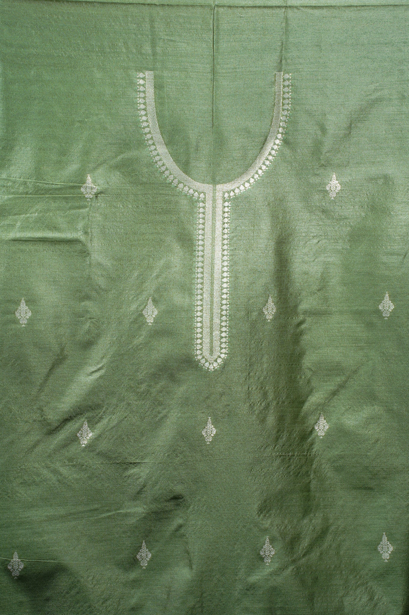 MANSI 119: Olive Green Raw Silk Unstitched Suit Set with Elegant Gold Zari Work