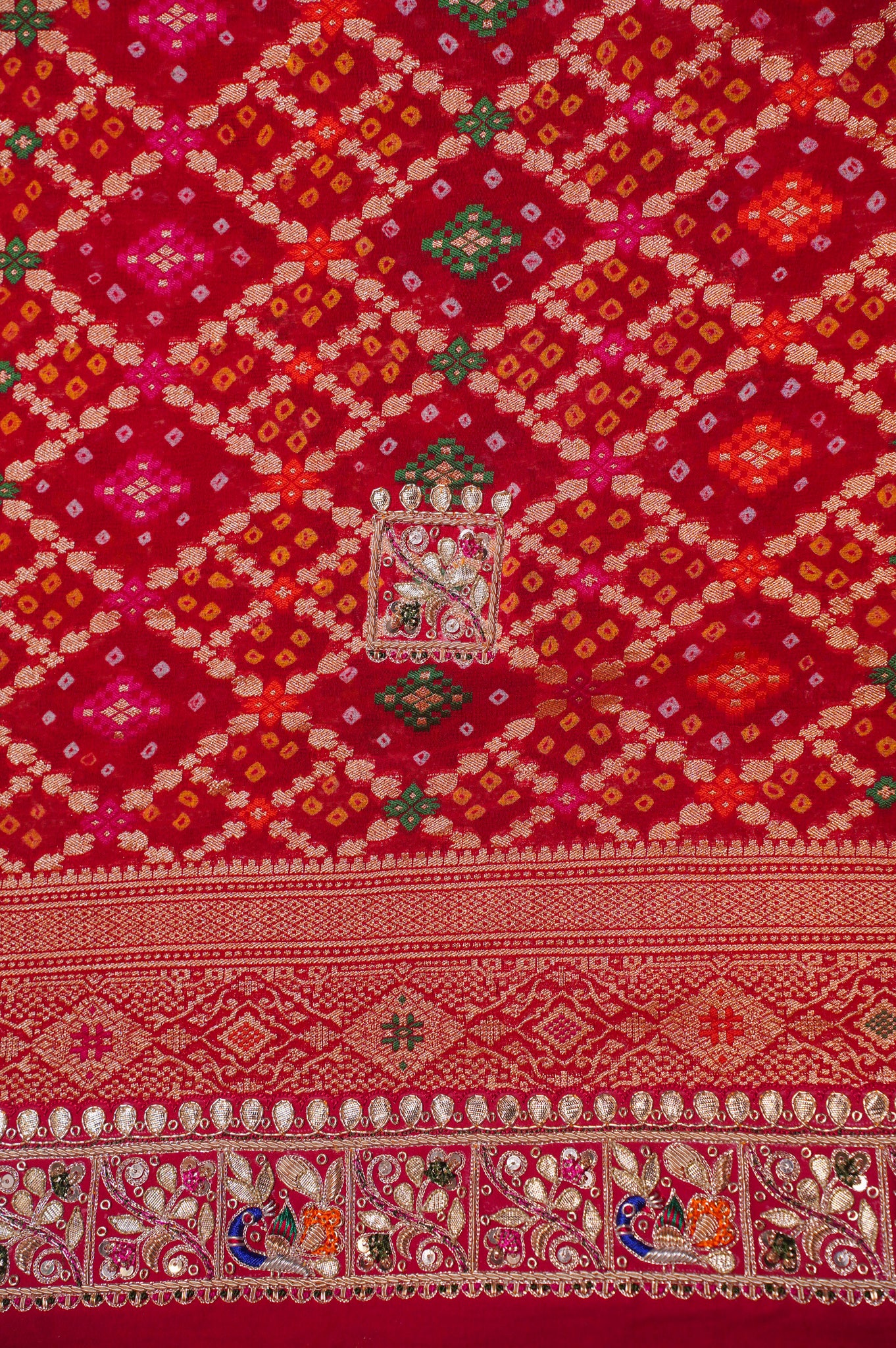 ODHANA 005: Vermilion Red Handcrafted Bandhani Pure Khaddi Georgette Odhana with Zari Border