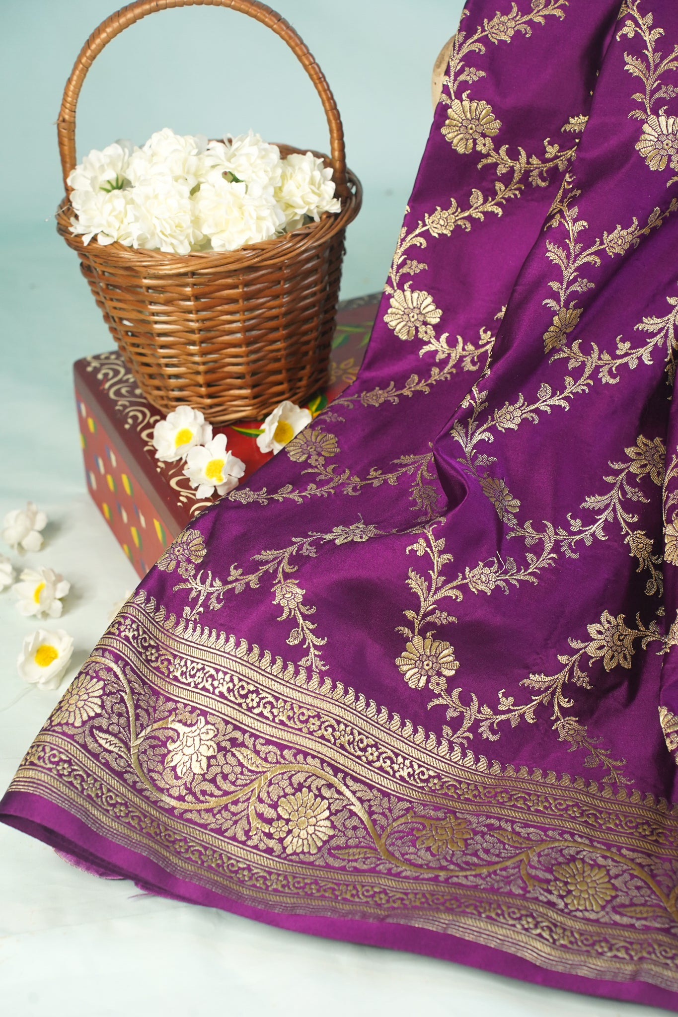 "Waah Banaras 065A" Banarasi Satan Silk Saree With Golden Zari Floral Weaving & Rich Border