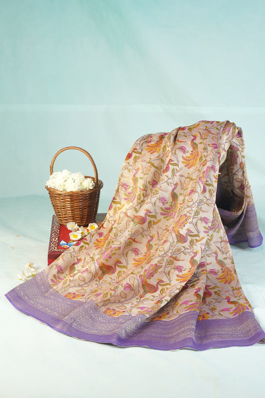 "Waah Banaras 085" Banarasi Exquisite Beige & Lavender Meenakari Pashmina Silk Saree With Bird & Floral Jaal