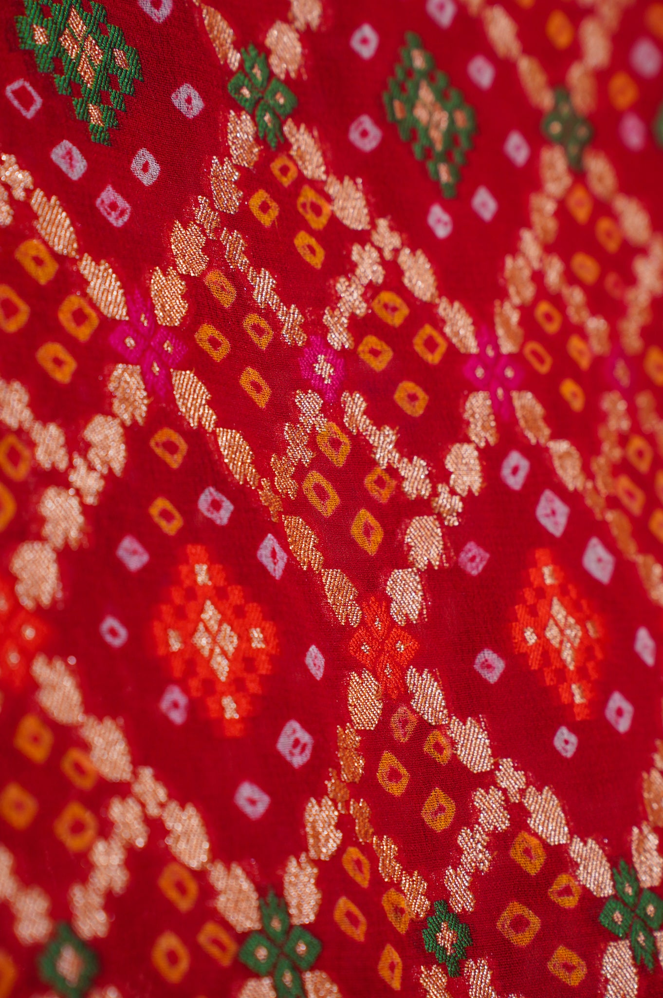 ODHANA 005: Vermilion Red Handcrafted Bandhani Pure Khaddi Georgette Odhana with Zari Border