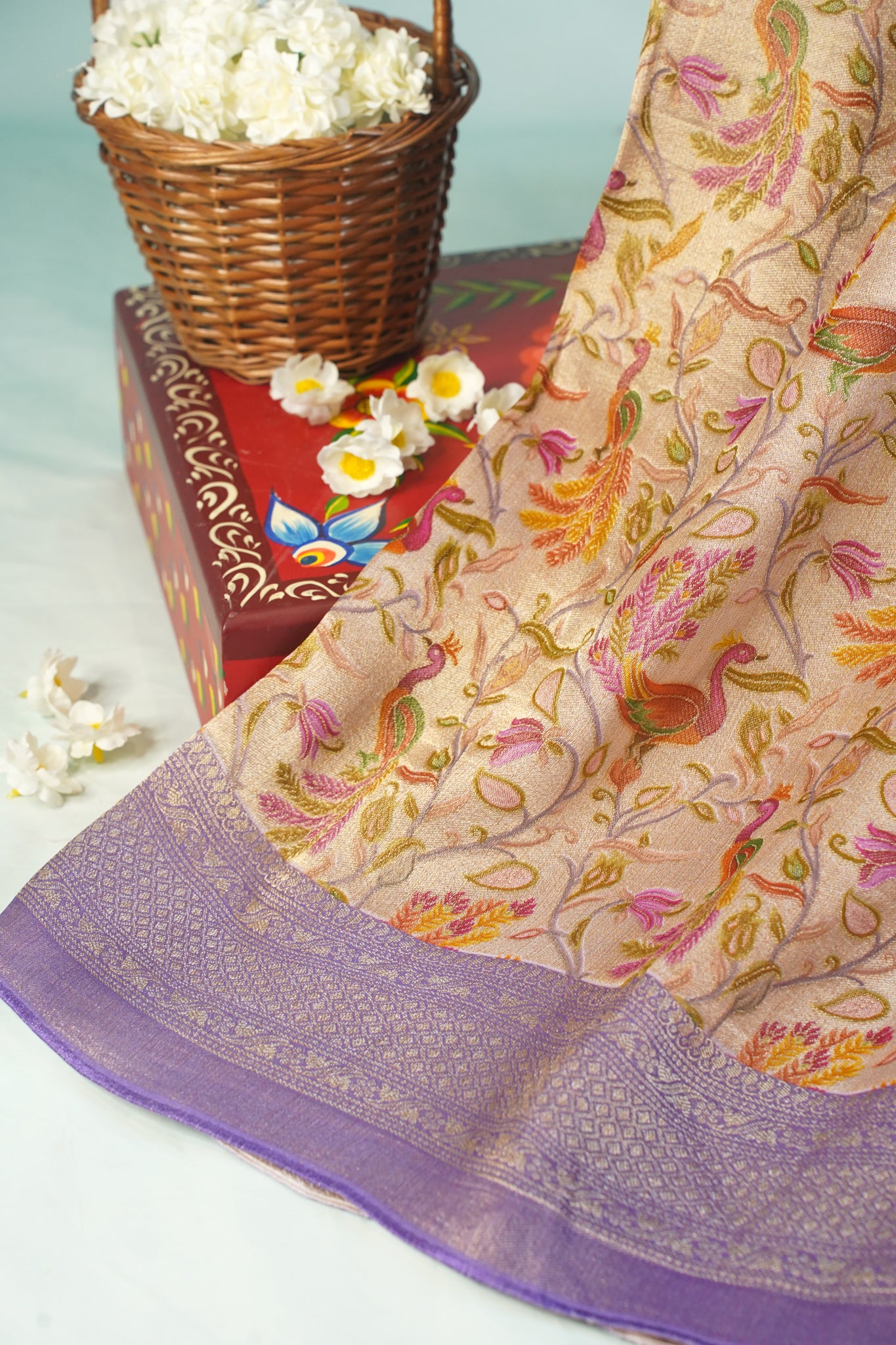 "Waah Banaras 085" Banarasi Exquisite Beige & Lavender Meenakari Pashmina Silk Saree With Bird & Floral Jaal