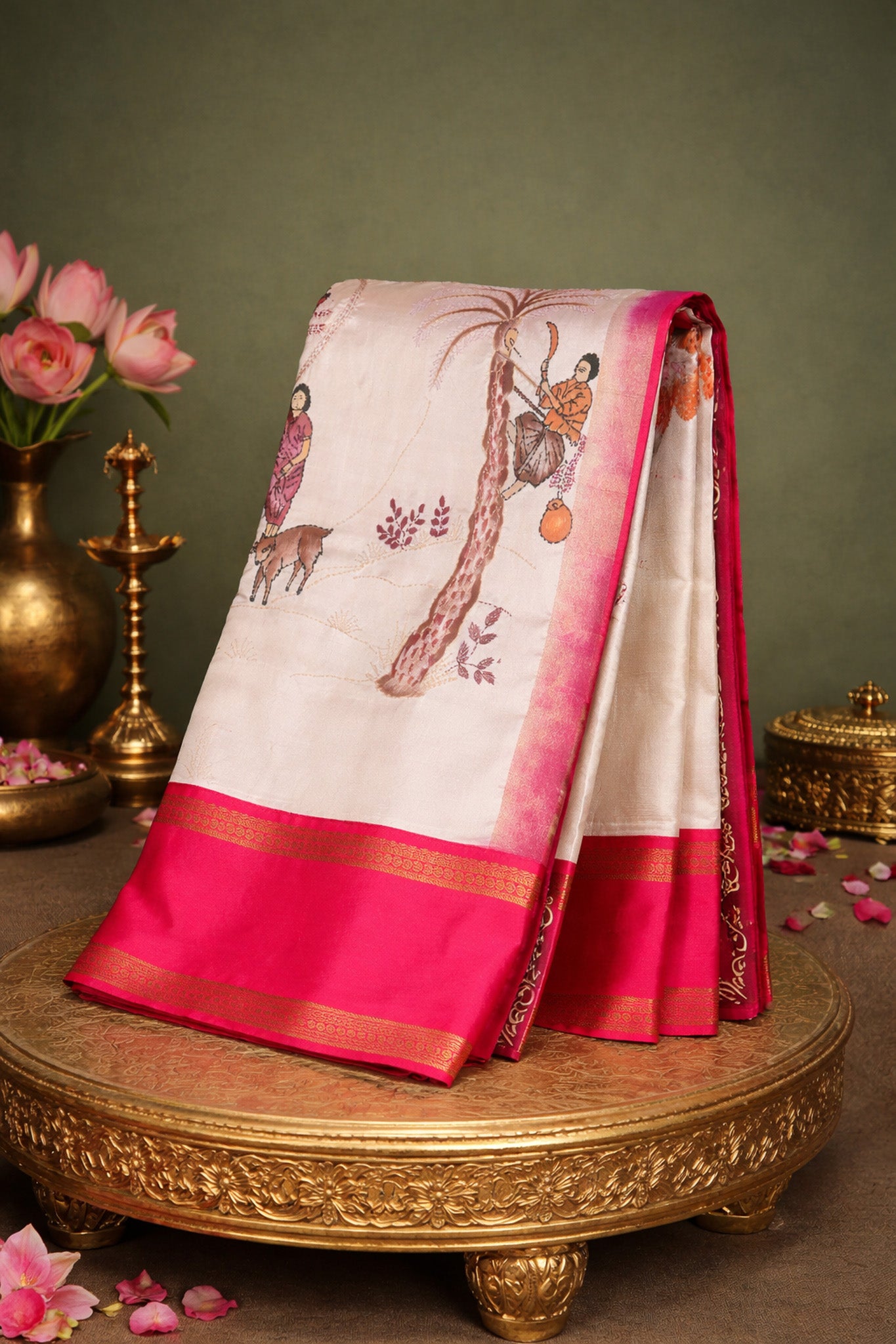FOUNDER CHOICE 052: Off White Elegant Pure Silk Saree with Hand Painted Kalamkari Hastakala Artistry & Gold Zari Skirt Border