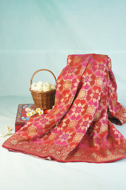 "Waah Banaras 084" Banarasi Rani Pink & Red Meenakari Pashmina Silk Saree