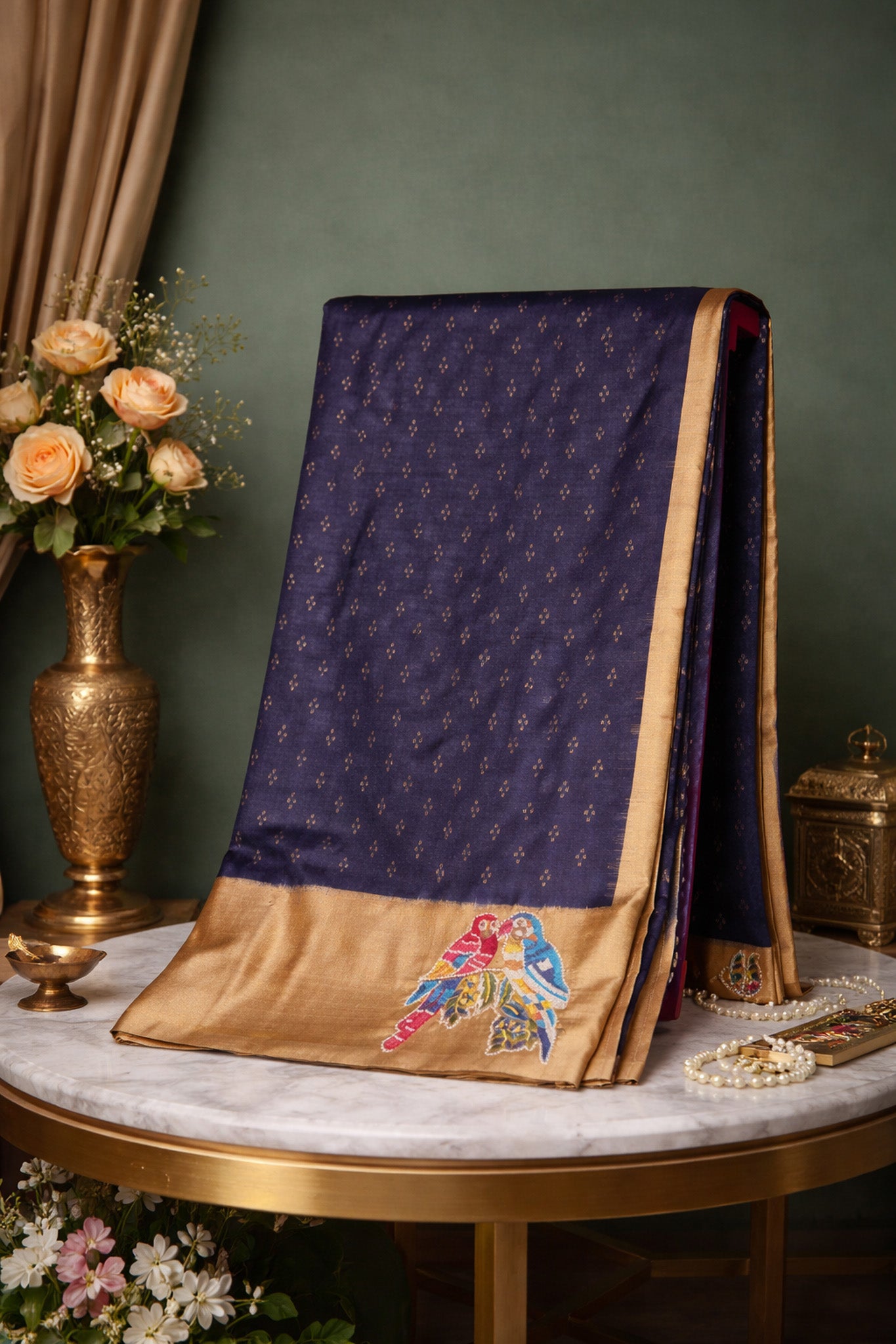 FOUNDER CHOICE 053: Exquisite Deep Blue Pure Handloom Katan Silk Saree with Resham Cross-Stitch Parrot Border