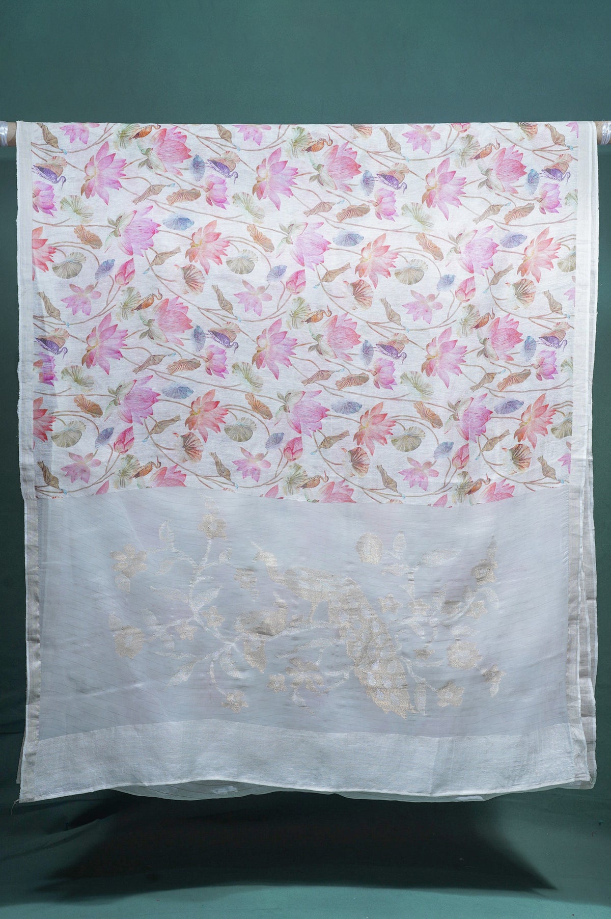 "Founder Choice 026"Banarasi Cream Nature Inspired Jutt Silk Saree With Lotus Floral Print
