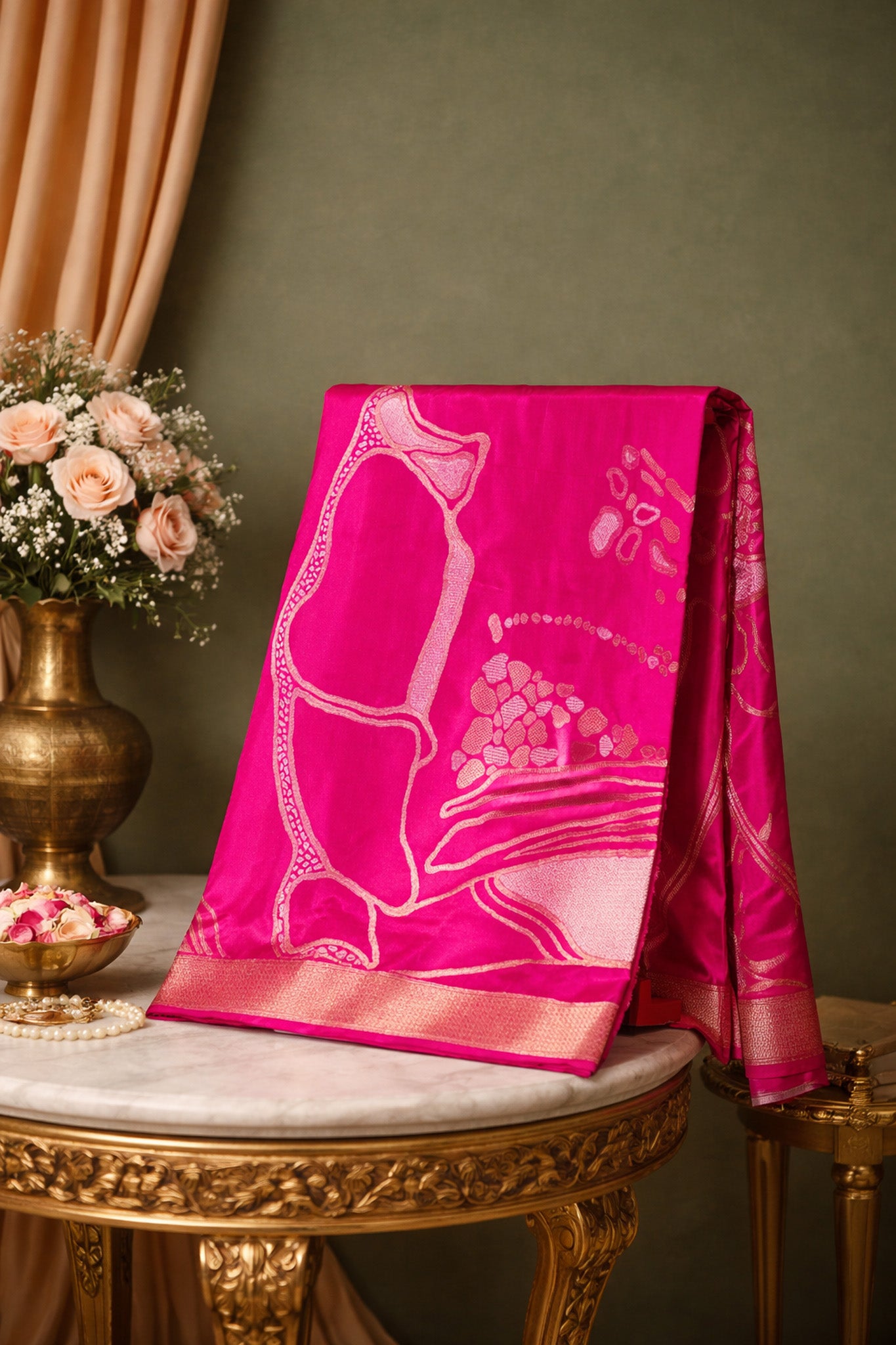 FOUNDER CHOICE 048: Exquisite Vibrant Pink Pure Handloom Katan Silk Saree with Abstract Gold & Silver Zari Artistry