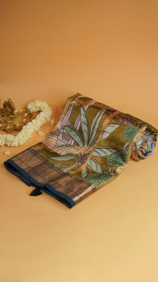 Rangrasiya "Pure Mango Raw Silk With Pure Zari Kadwa Work In Vibrant Color Fusion"