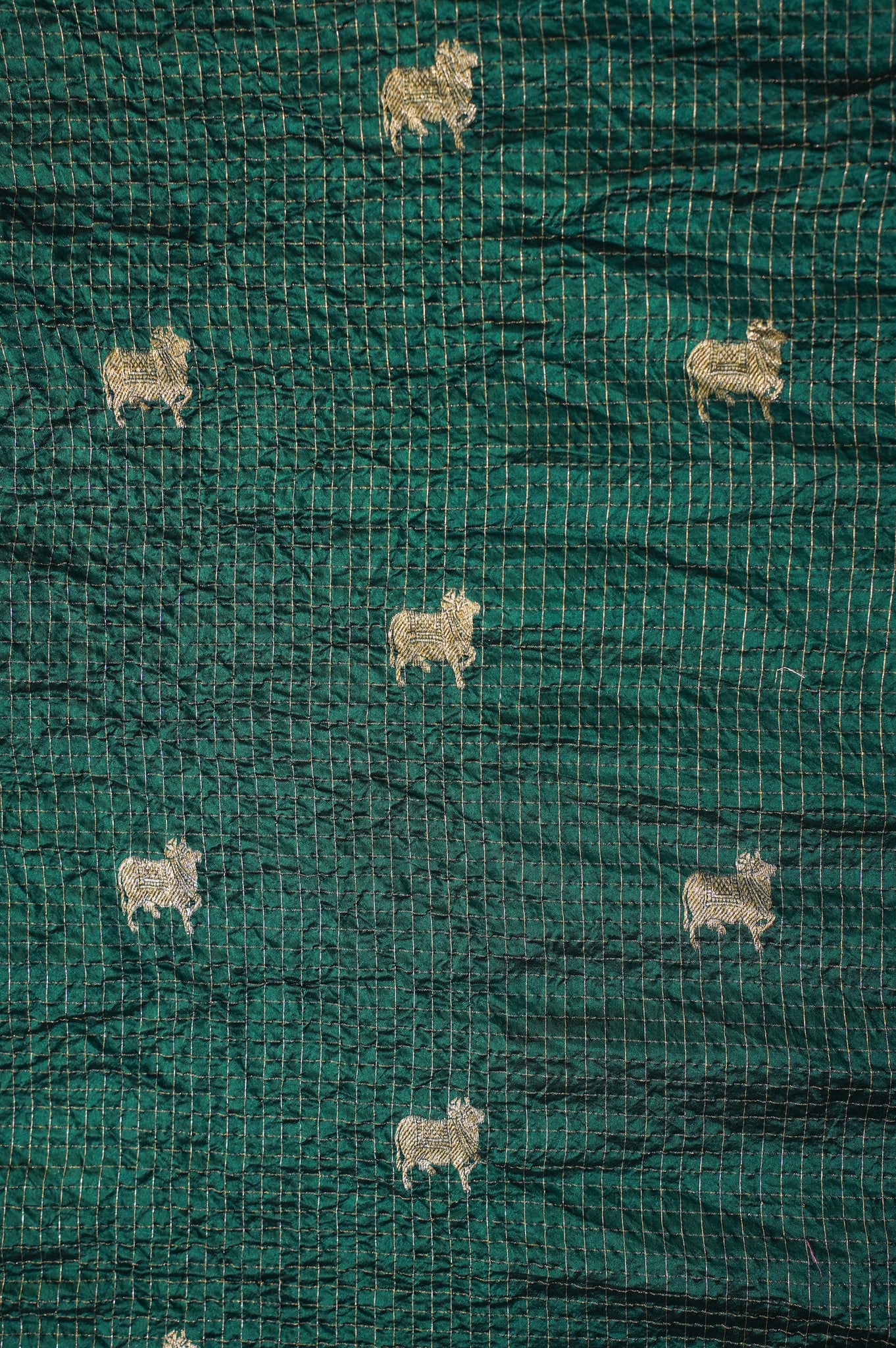 Virasat 350: Emerald Pure Silk Chunari Zari Checks Saree with Animal Motif