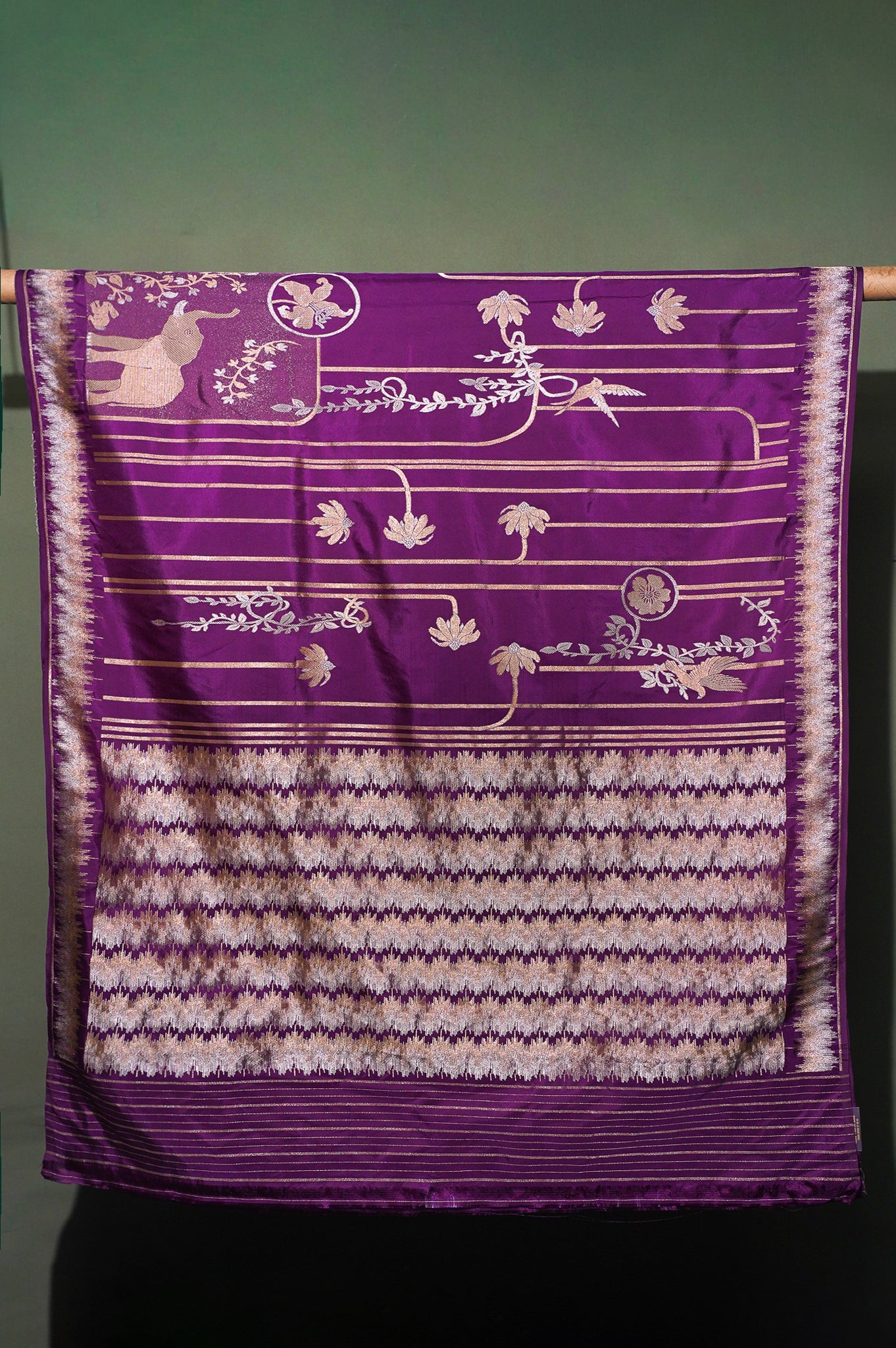 FOUNDER CHOICE 049: Elegant Purple Katan Silk Saree with Silver Zari Elephant & Floral Jaal Design
