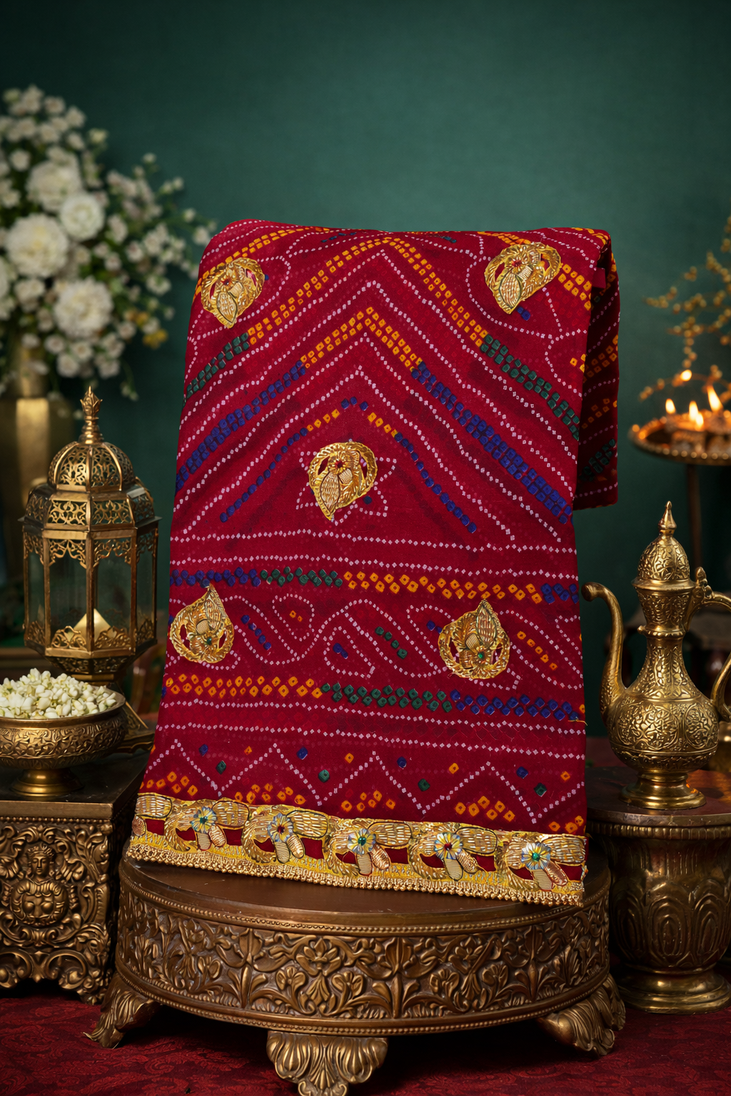 ODHANA 017: Classic Auspicious Red with Multicolor Traditional Marwari Bandhani Khaddi Georgette Odhana with Zari Work Border