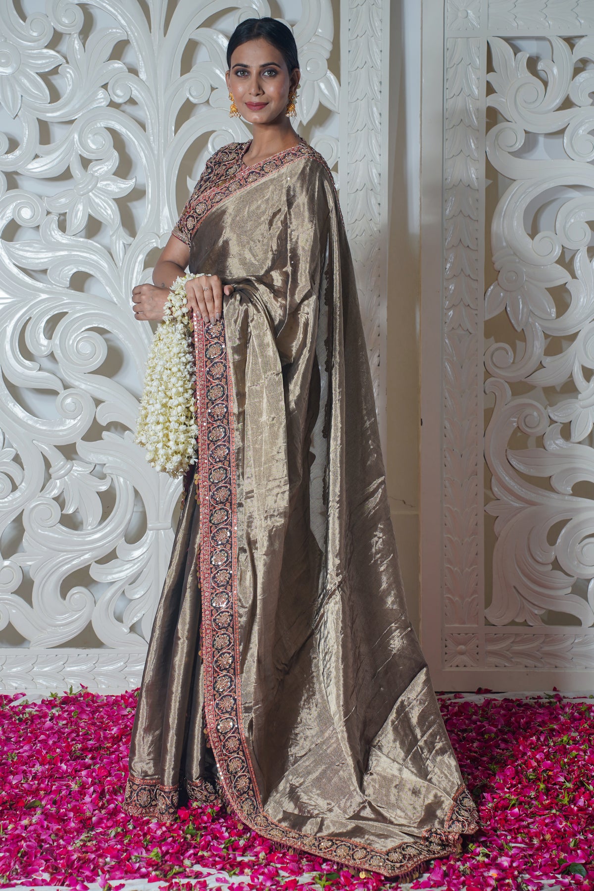"VIRASAT 146" Grey Banarasi Silk Saree With Embroidery