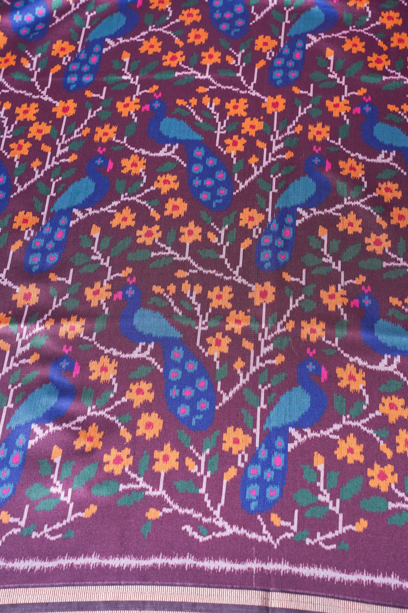 "UTSAV BANARAS 261" Banarasi Magenta "Panghat" Silk Saree with Patola Weave Peacocks