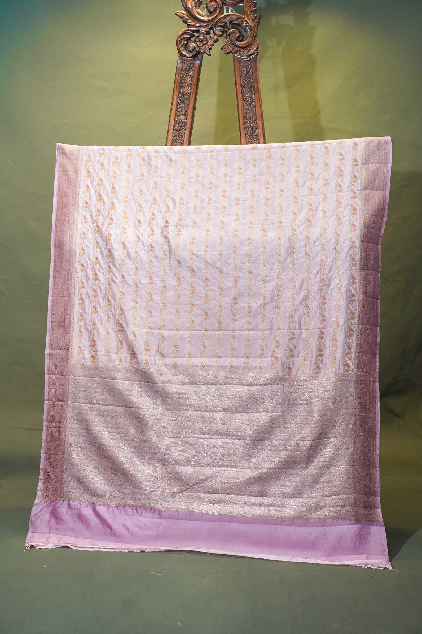VIRASAT 342: Banarasi Baby Pink Tissue Silk Handwork Saree With Love Bord Motif
