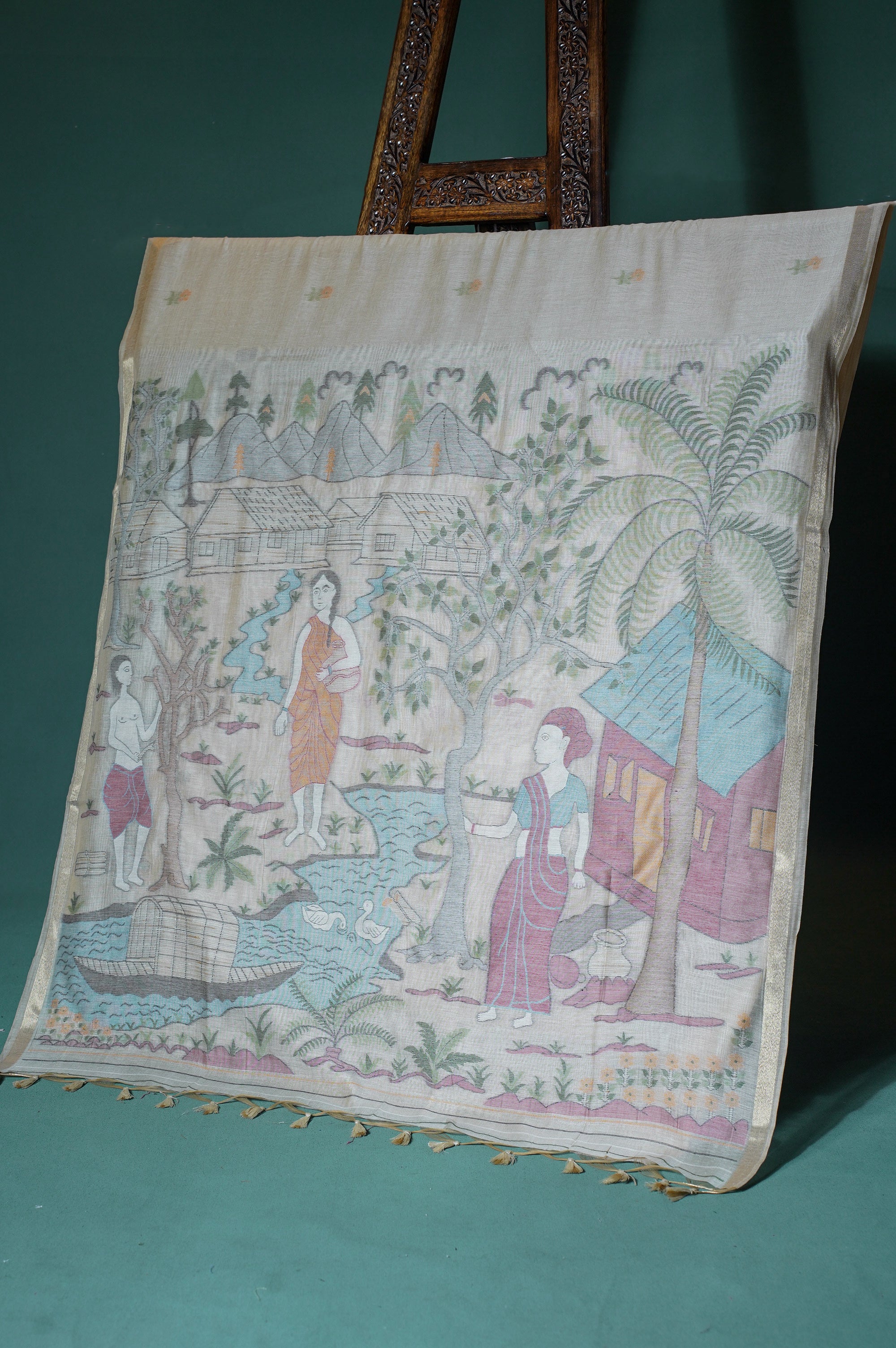 "UTSAV BANARAS 306" Banarasi Chikoo Beige Chanderi Jamdani Silk Saree with Village Narrative Pallu
