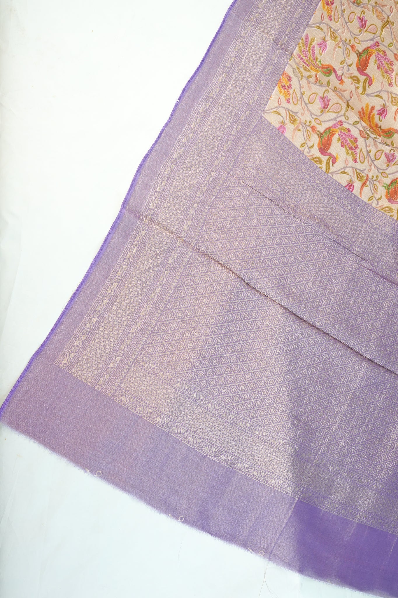"Waah Banaras 085" Banarasi Exquisite Beige & Lavender Meenakari Pashmina Silk Saree With Bird & Floral Jaal