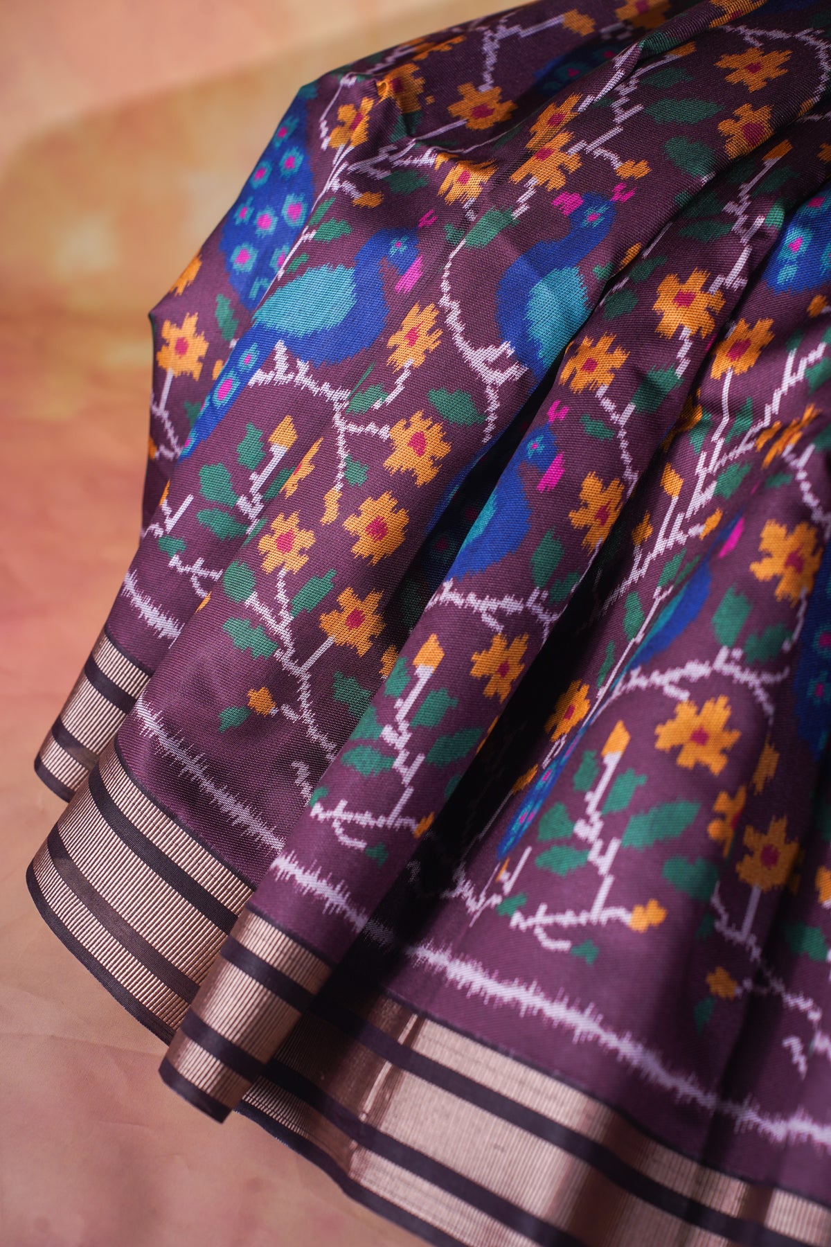 "UTSAV BANARAS 261" Banarasi Magenta "Panghat" Silk Saree with Patola Weave Peacocks