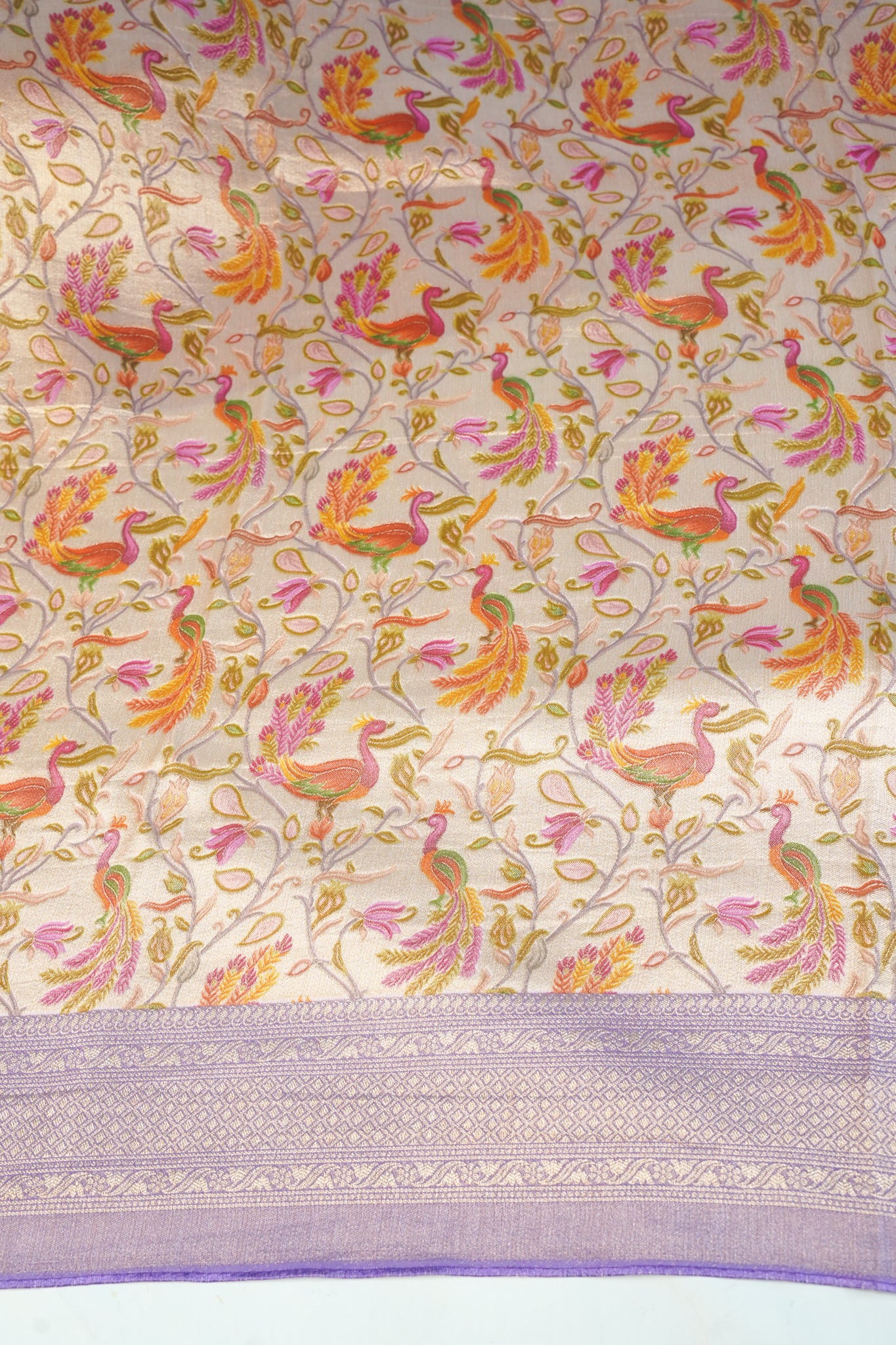 "Waah Banaras 085" Banarasi Exquisite Beige & Lavender Meenakari Pashmina Silk Saree With Bird & Floral Jaal