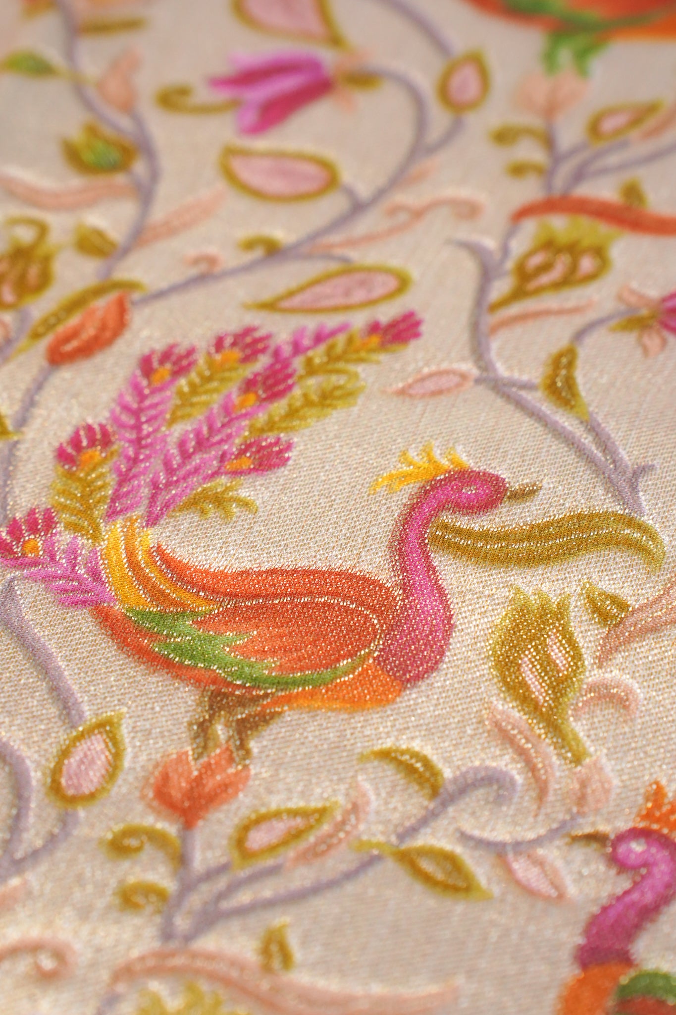 "Waah Banaras 085" Banarasi Exquisite Beige & Lavender Meenakari Pashmina Silk Saree With Bird & Floral Jaal