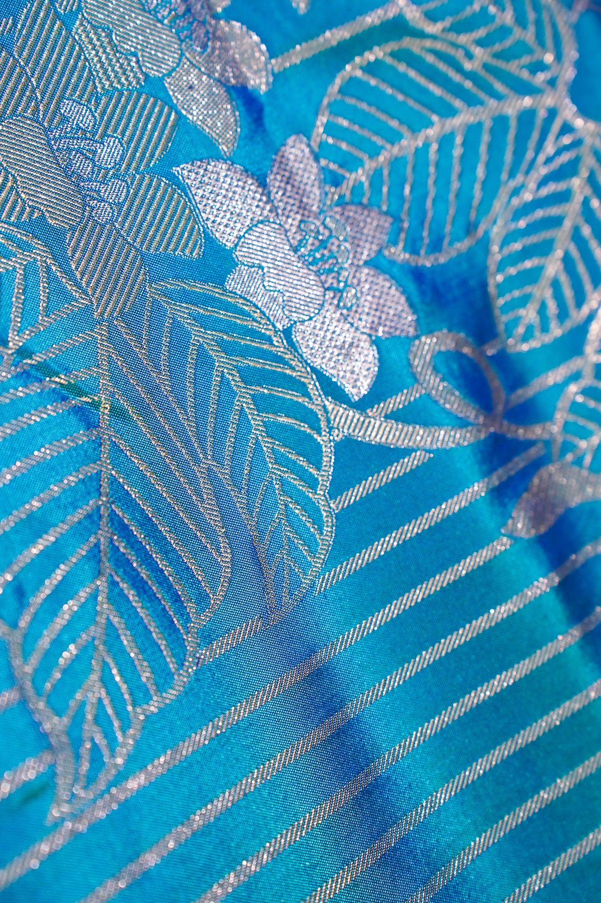 FOUNDER CHOICE 047: Turquoise Blue Katan Silk Saree with Silver Zari Floral Vine & Stripe Design