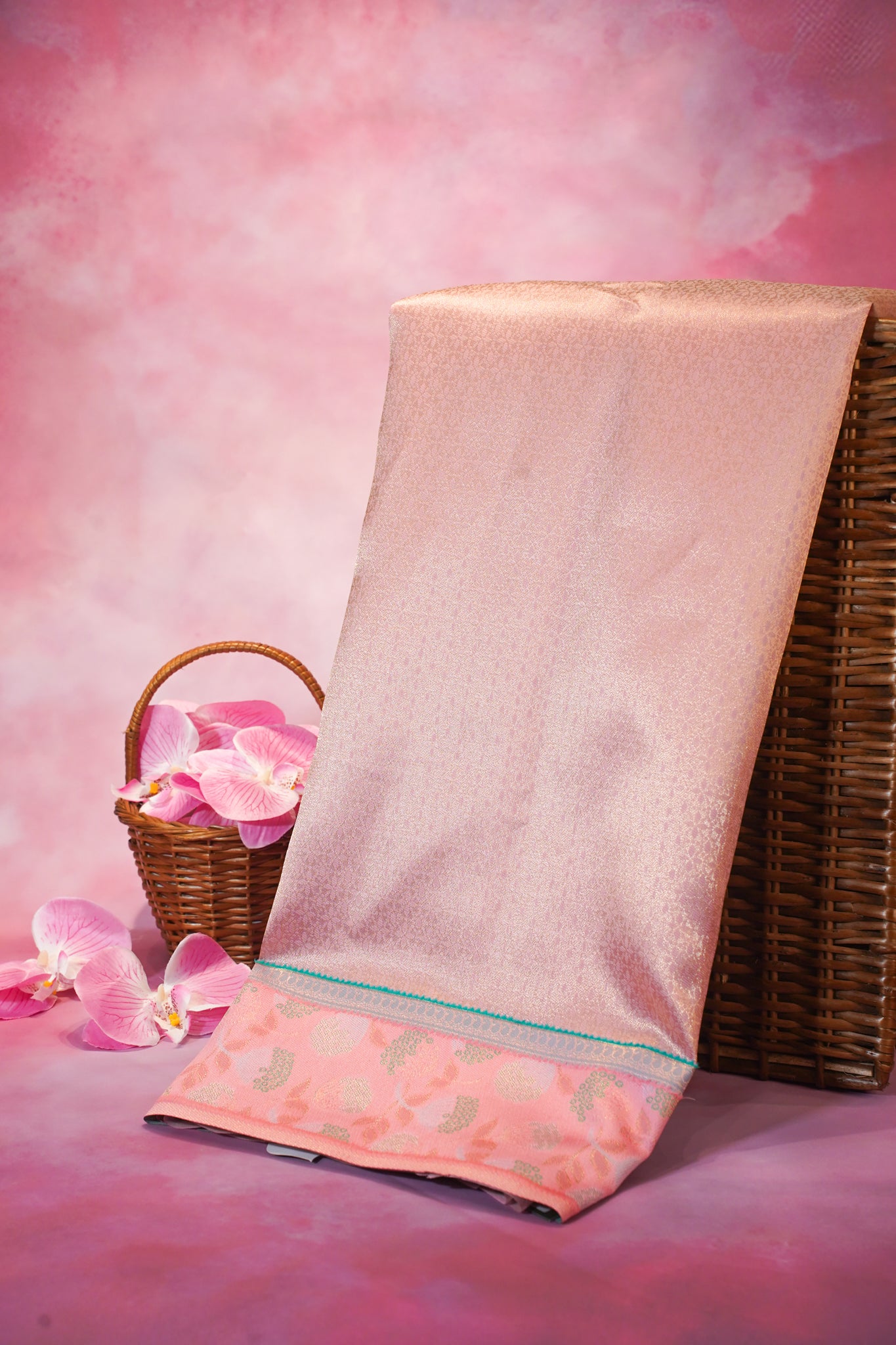 "Utsav Banaras 64A" Banarasi Silk Saree in Soft Peach Pink with Intricate Zari Weave & Contrast Border