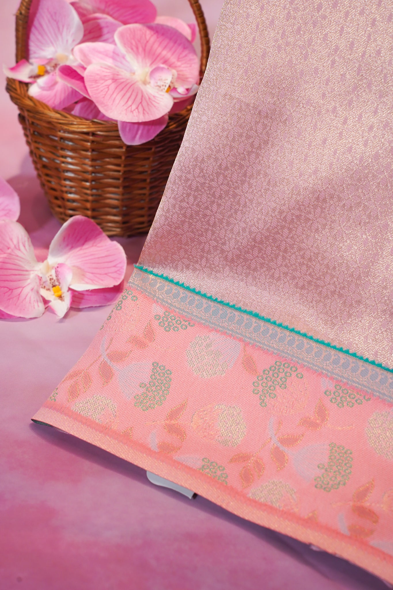 "Utsav Banaras 64A" Banarasi Silk Saree in Soft Peach Pink with Intricate Zari Weave & Contrast Border