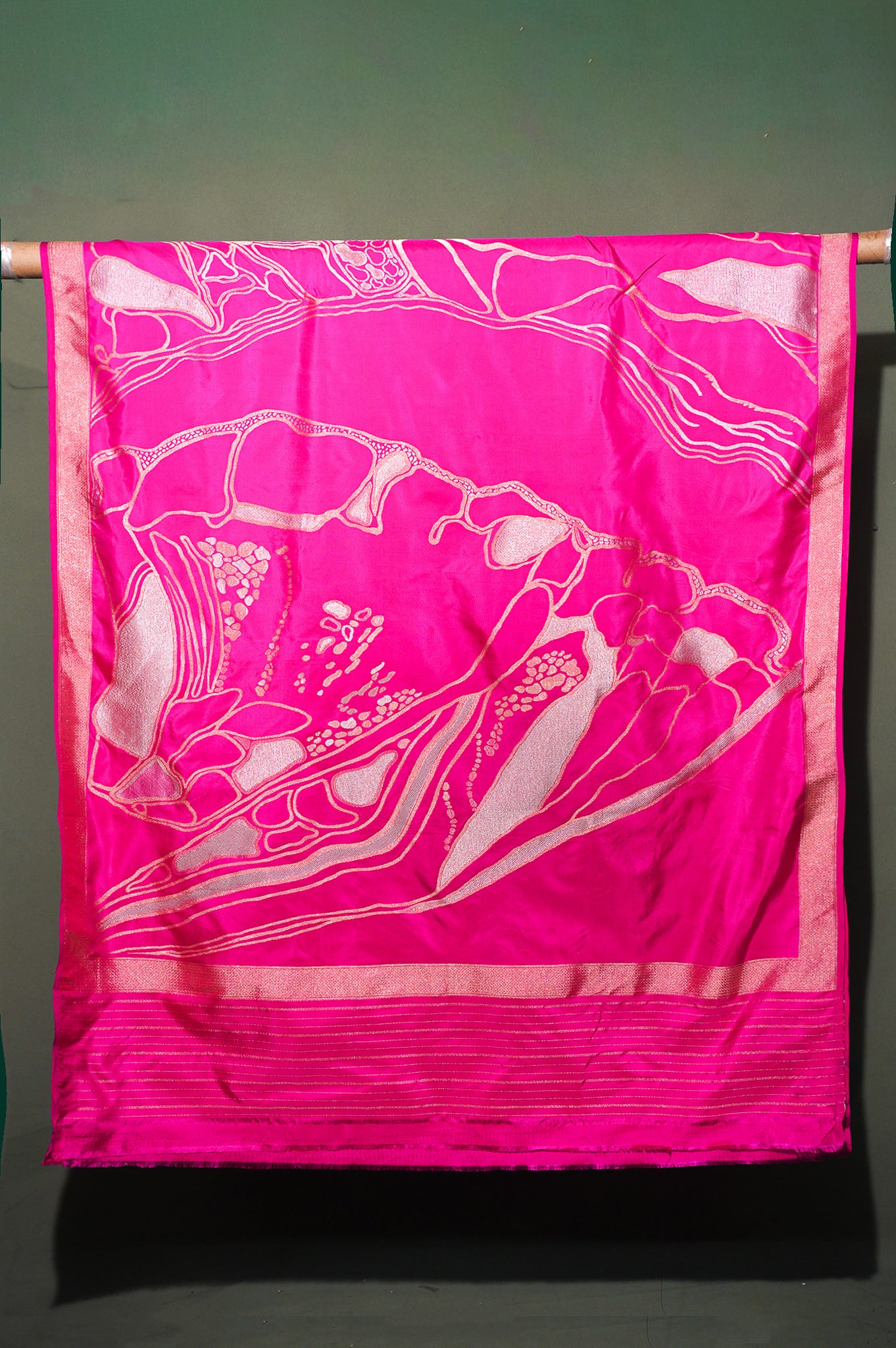 FOUNDER CHOICE 048: Exquisite Vibrant Pink Pure Handloom Katan Silk Saree with Abstract Gold & Silver Zari Artistry