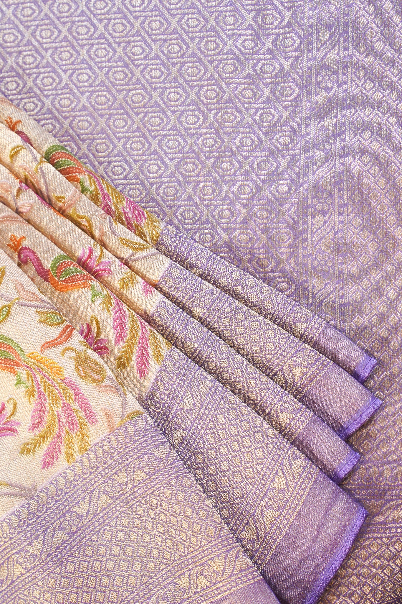 "Waah Banaras 085" Banarasi Exquisite Beige & Lavender Meenakari Pashmina Silk Saree With Bird & Floral Jaal