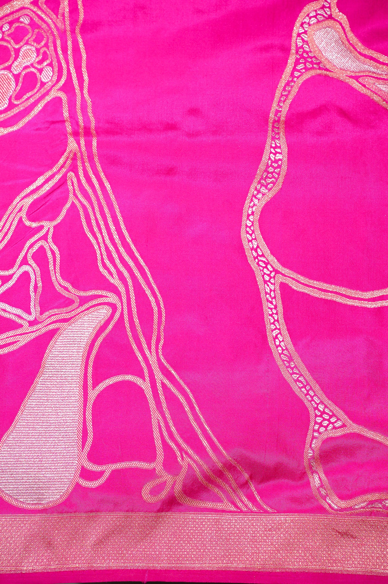 FOUNDER CHOICE 048: Exquisite Vibrant Pink Pure Handloom Katan Silk Saree with Abstract Gold & Silver Zari Artistry