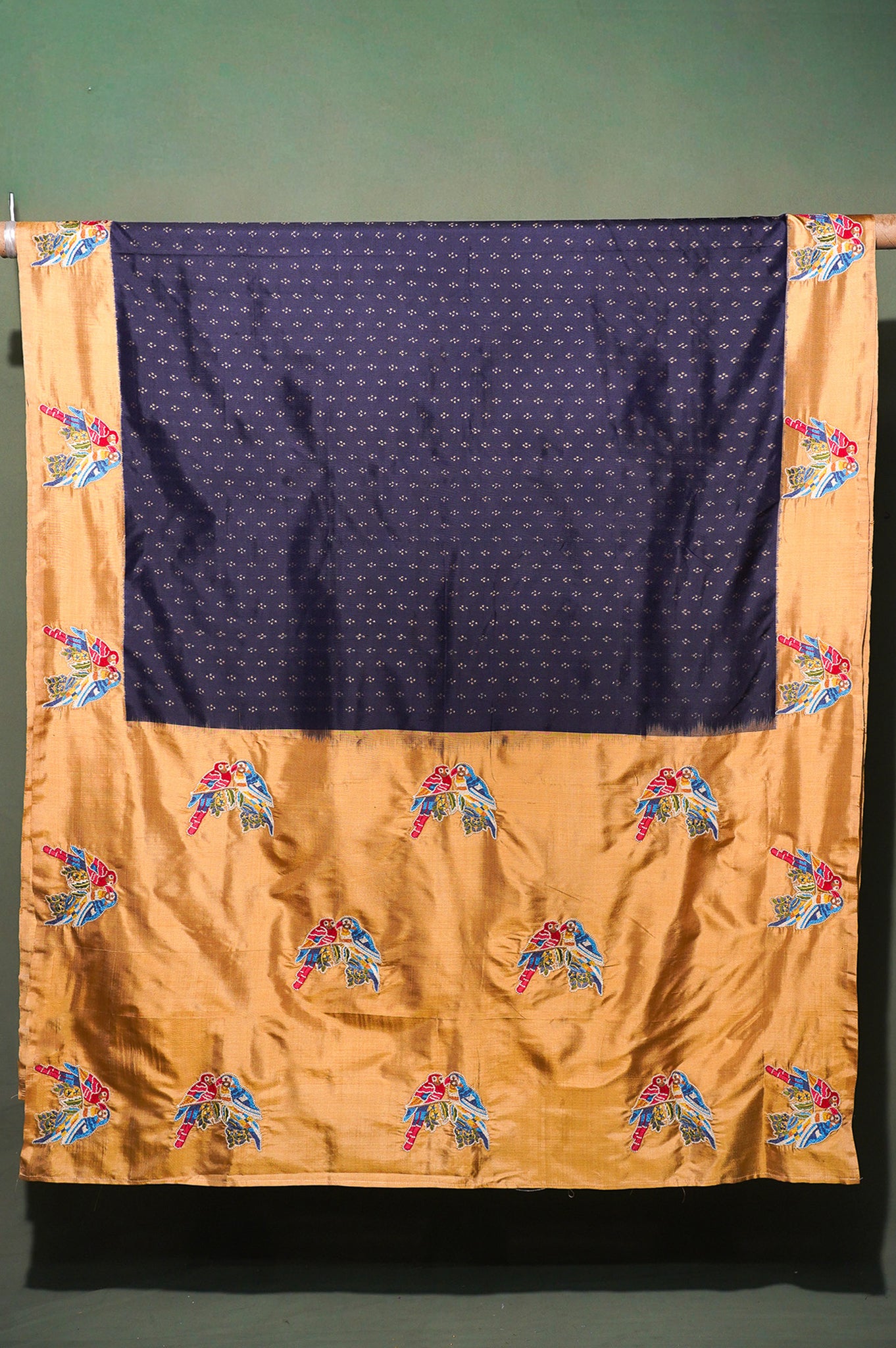 FOUNDER CHOICE 053: Exquisite Deep Blue Pure Handloom Katan Silk Saree with Resham Cross-Stitch Parrot Border