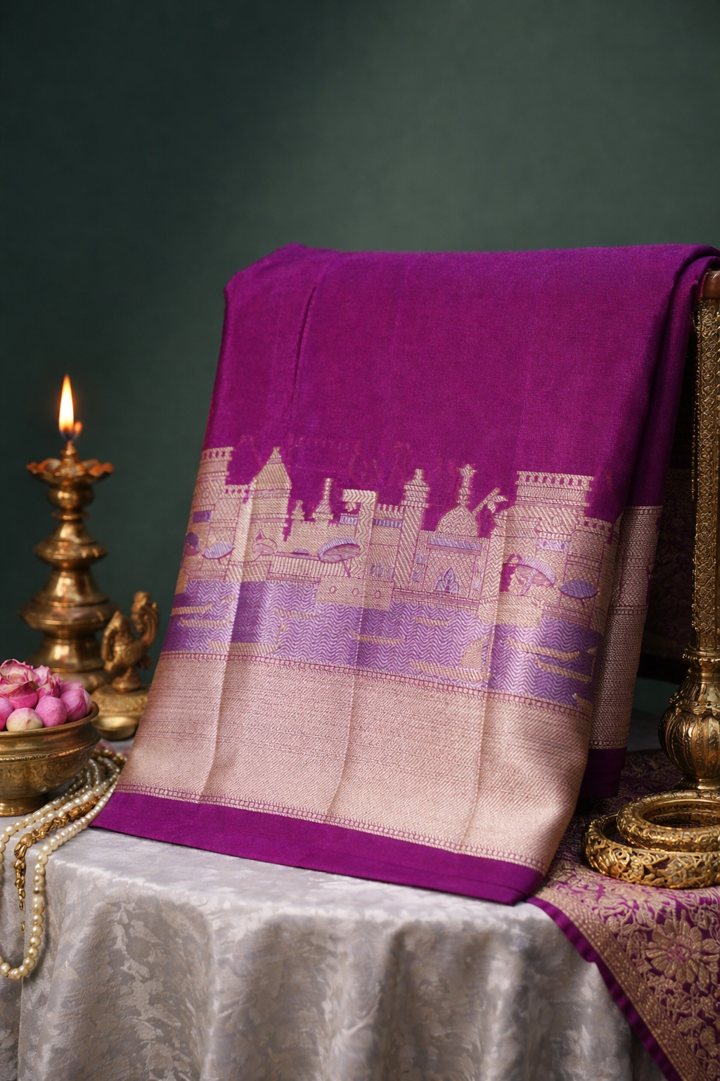 UTSAV BANARAS 003I: Banarasi Raw Silk Saree with Silver & Gold Zari In Magenta