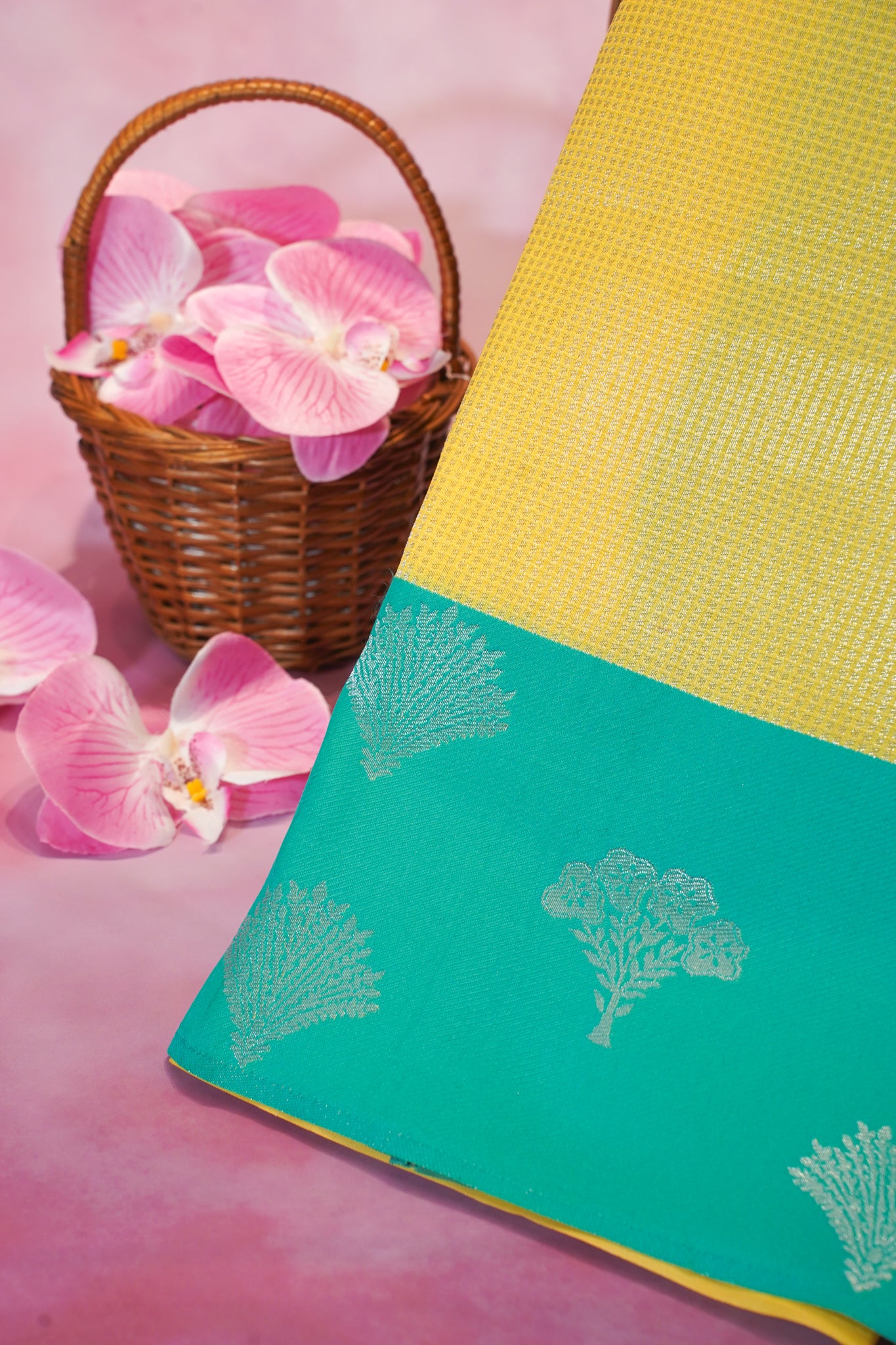 "Utsav Banaras 040A" Banarasi Tanchoi Silk Saree in Yellow & Rama Green with Silver Zari Motifs