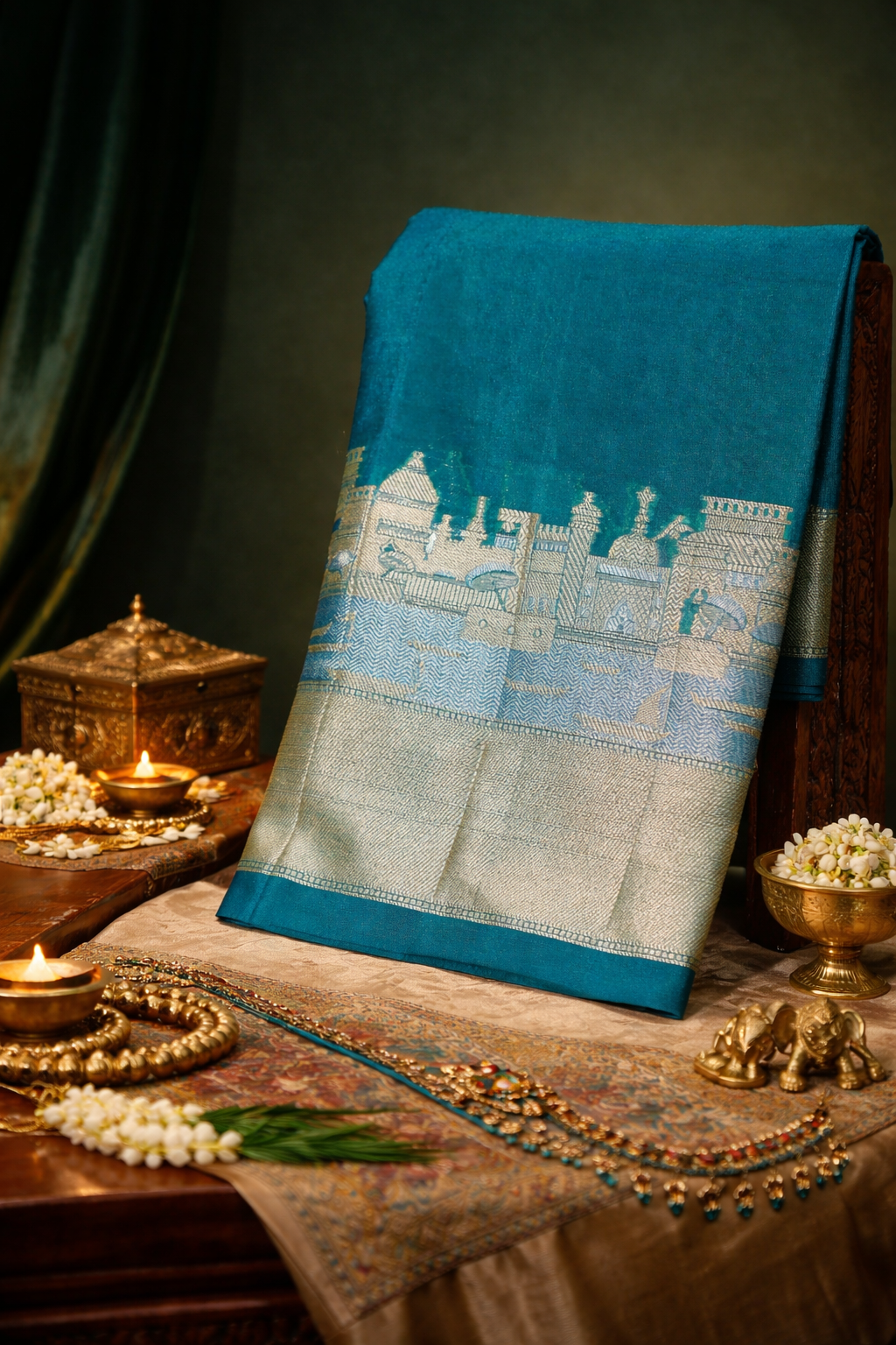 UTSAV BANARAS 003H: Banarasi Raw Silk Saree with Silver & Gold Zari In Rama Green