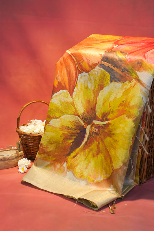 "Utsav Banaras 187" Banarasi Tussar Silk Saree in Golden Base With Yellow Floral Motif
