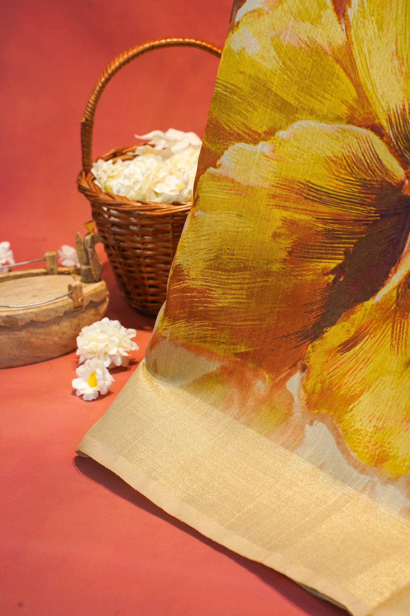 "Utsav Banaras 187" Banarasi Tussar Silk Saree in Golden Base With Yellow Floral Motif