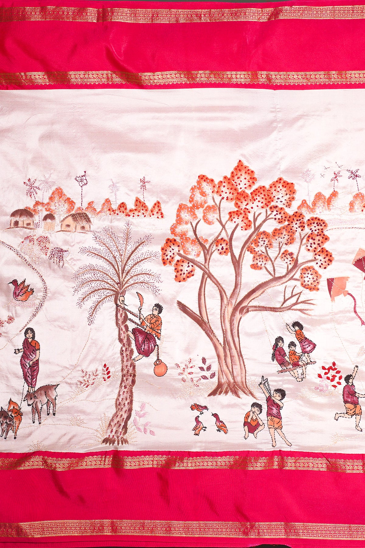 FOUNDER CHOICE 052: Off White Elegant Pure Silk Saree with Hand Painted Kalamkari Hastakala Artistry & Gold Zari Skirt Border