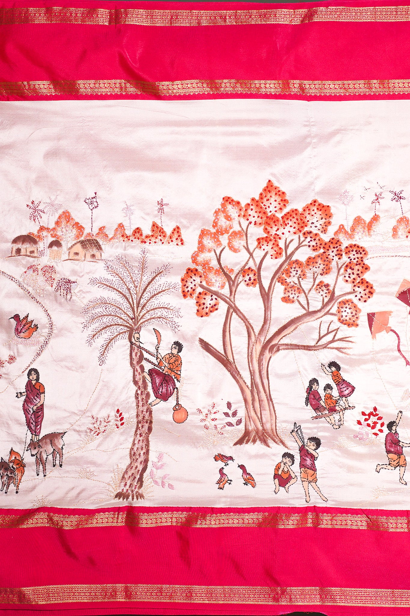 FOUNDER CHOICE 052: Off White Elegant Pure Silk Saree with Hand Painted Kalamkari Hastakala Artistry & Gold Zari Skirt Border