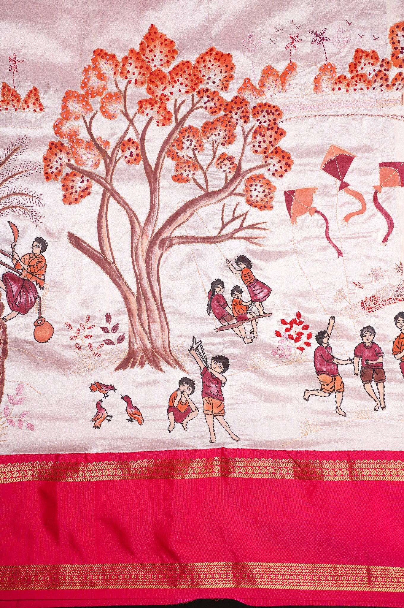 FOUNDER CHOICE 052: Off White Elegant Pure Silk Saree with Hand Painted Kalamkari Hastakala Artistry & Gold Zari Skirt Border
