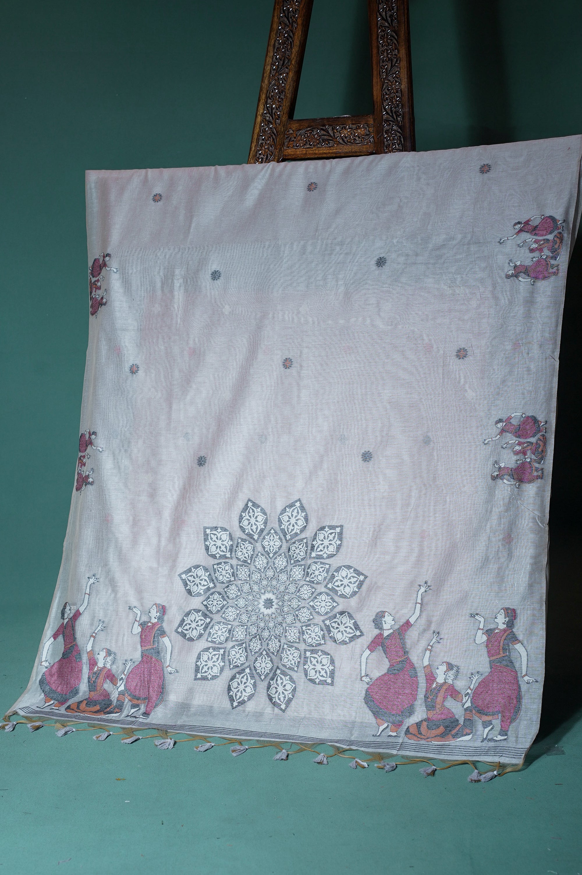 "UTSAV BANARAS 304" Banarasi Sorrel Brown Chanderi Jamdani Silk Saree with Classical Dance Motifs