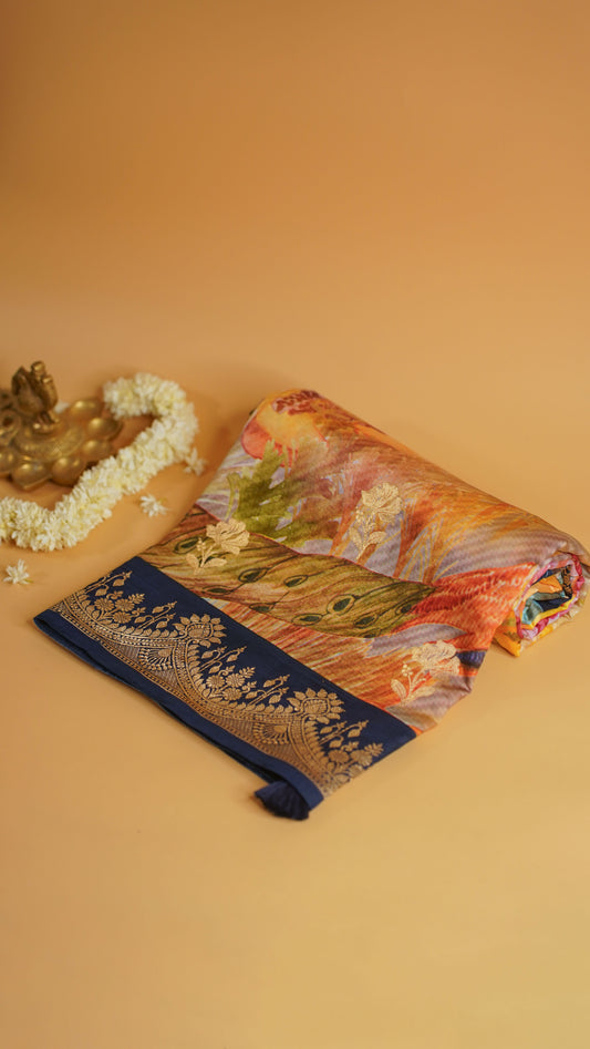 Rangrasiya "Pure Mango Raw Silk With Pure Zari Kadwa Work In Vibrant Color Fusion"