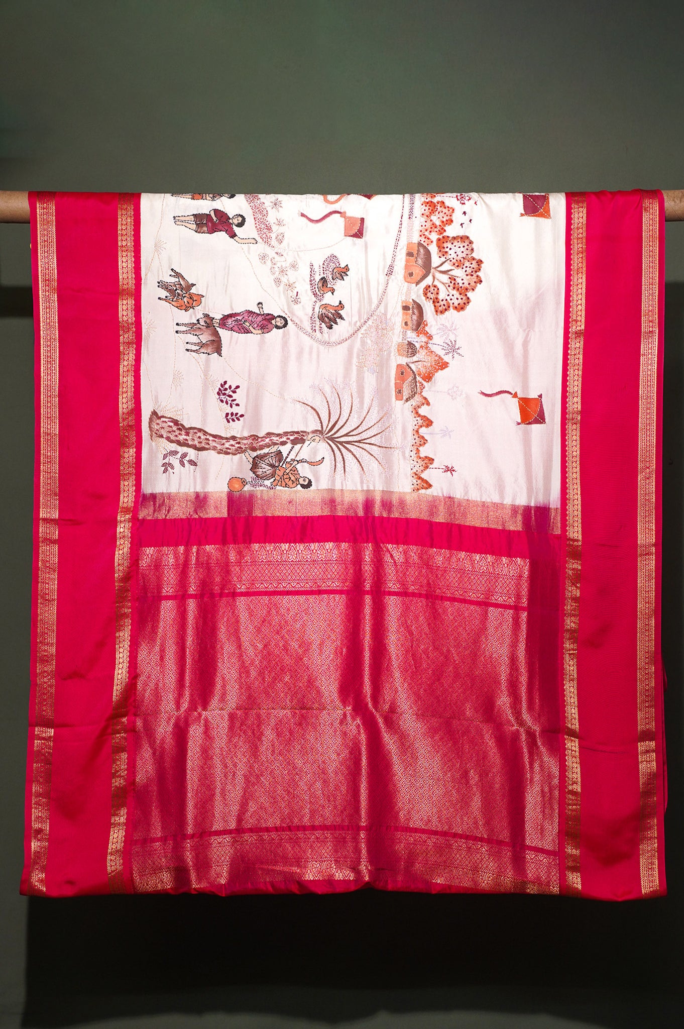 FOUNDER CHOICE 052: Off White Elegant Pure Silk Saree with Hand Painted Kalamkari Hastakala Artistry & Gold Zari Skirt Border
